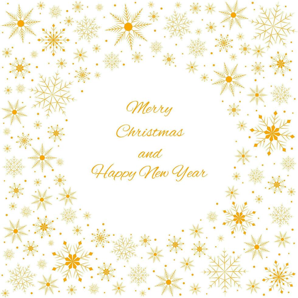 Christmas frame made of golden snowflakes on a white background. Vector illustration for the design of cards, invitations, congratulations, flyers, posters, banners.
