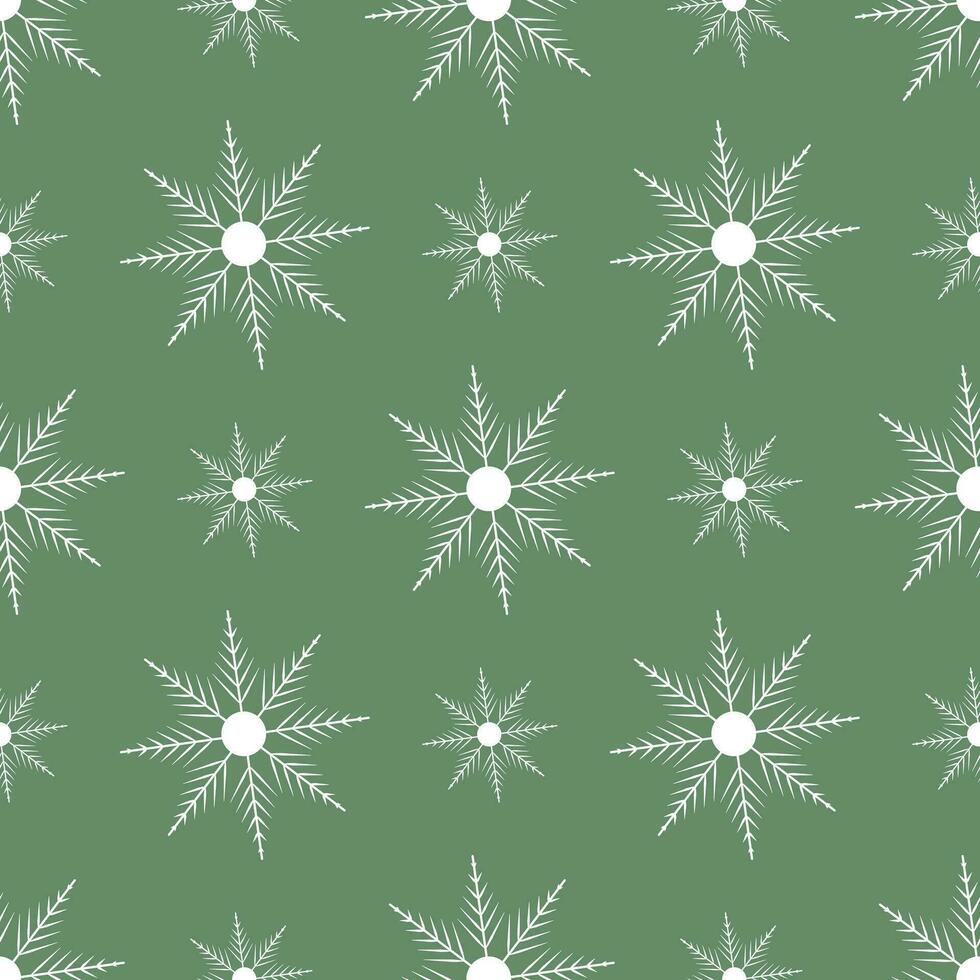 A simple, seamless pattern of white snowflakes on a green background. Vector illustration for cards, banners, flyers, posters, textiles, wrapping paper. Christmas and New Year.