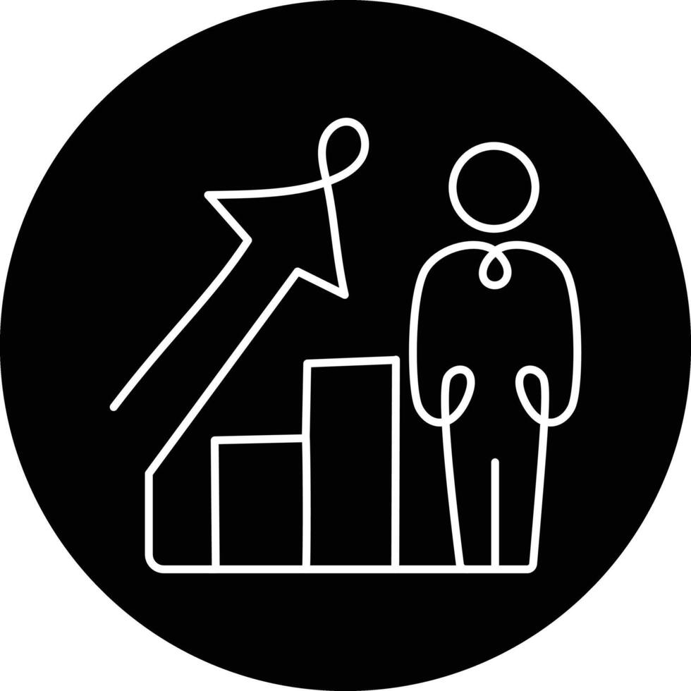 An icon illustrating a bar graph with a person at the top, indicating career advancement, personal success, and corporate growth. vector