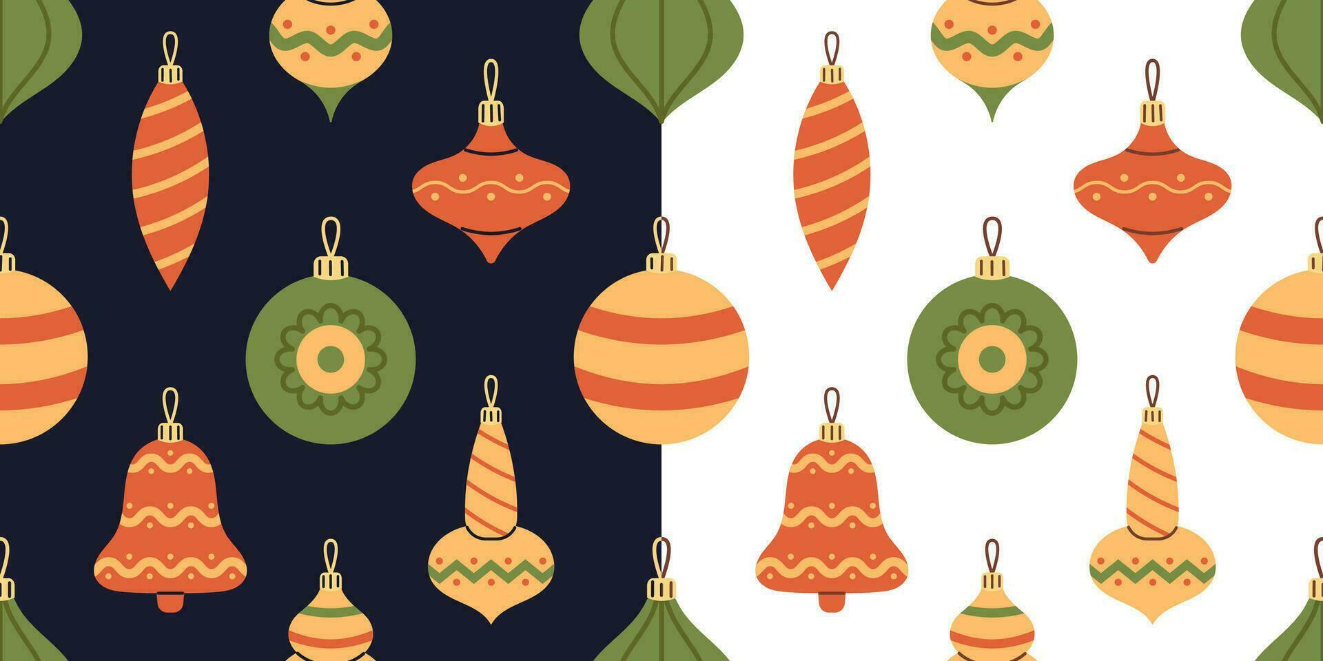 Vector set of seamless patterns with colorful bubbles and balls for Christmas tree. Red, green and yellow Christmas ornaments and decorations on white and dark blue backgrounds. Happy New Year.