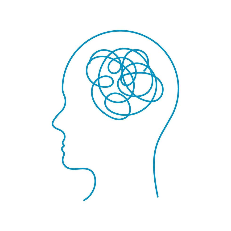 Vector human head silhouette with brain as tangled messy line. Chaos in the head.