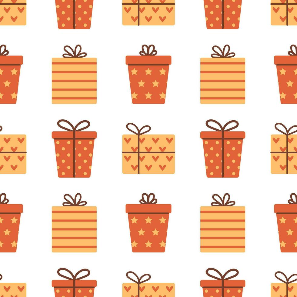 Vector red and yellow gift box seamless pattern. Holiday presents on white background. Print with Christmas, New Year or Birthday gifts. Wrapping and textile design.