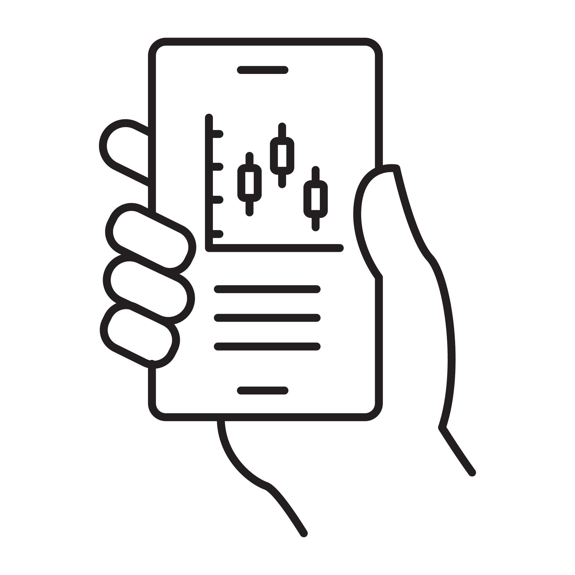 An icon featuring a mobile phone in a hand with a stocks symbol on the 