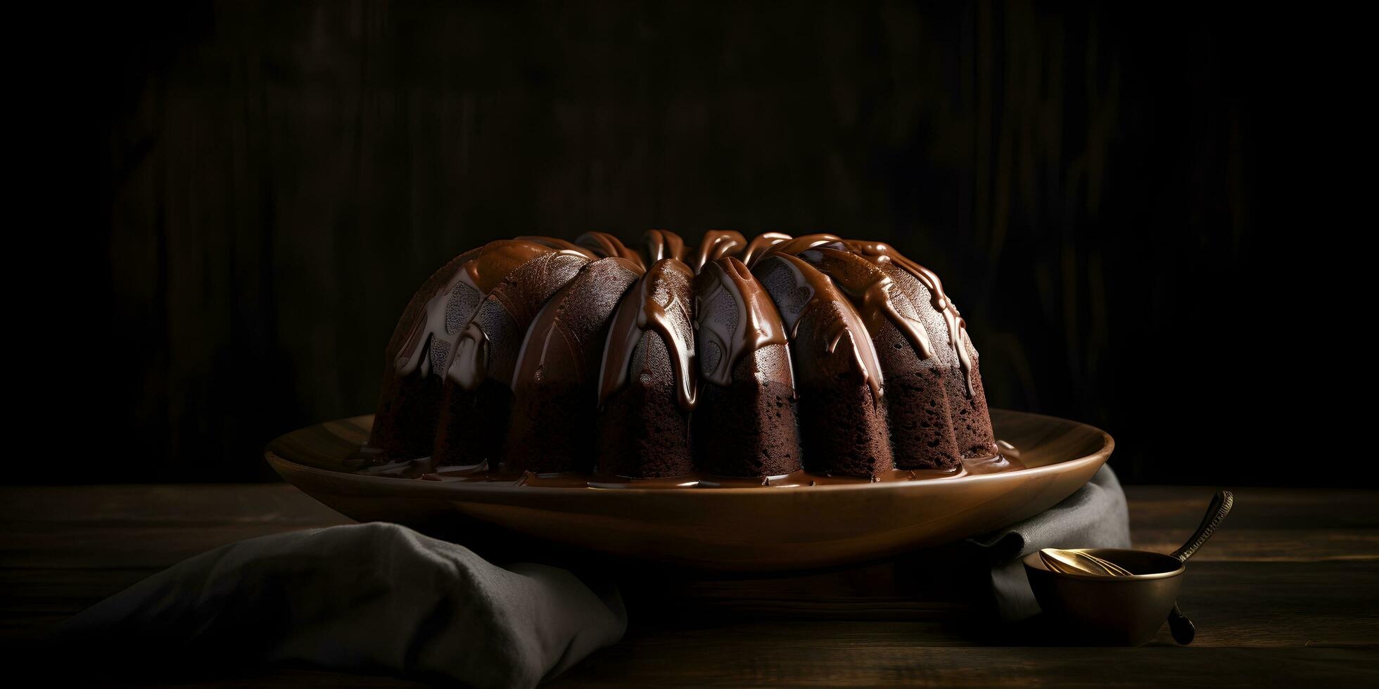 Delicious chocolate bundt cake topped dessert with ganache glaze on dark background, banner with copy space. Ai generated. photo