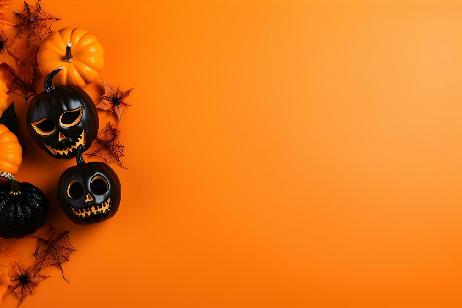 Happy halloween flat lay mockup with pumpkins, spiders and spiderweb on orange background. Autumn holiday concept composition. Top view with copy space. Generated ai. photo