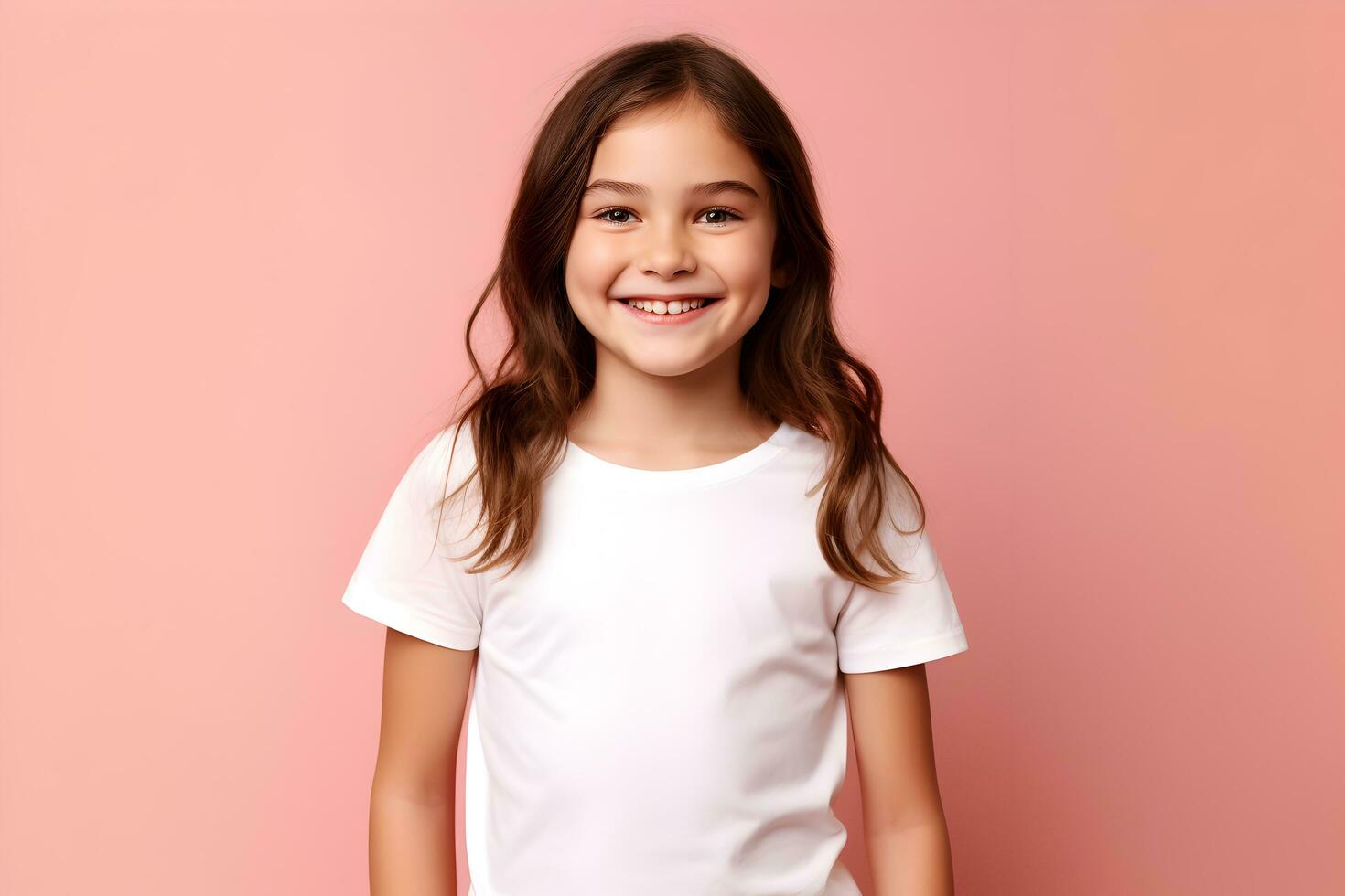 Female child, girl wearing bella canvas white shirt mockup, at pink background. Design tshirt template, print presentation mock-up. AI generated. photo