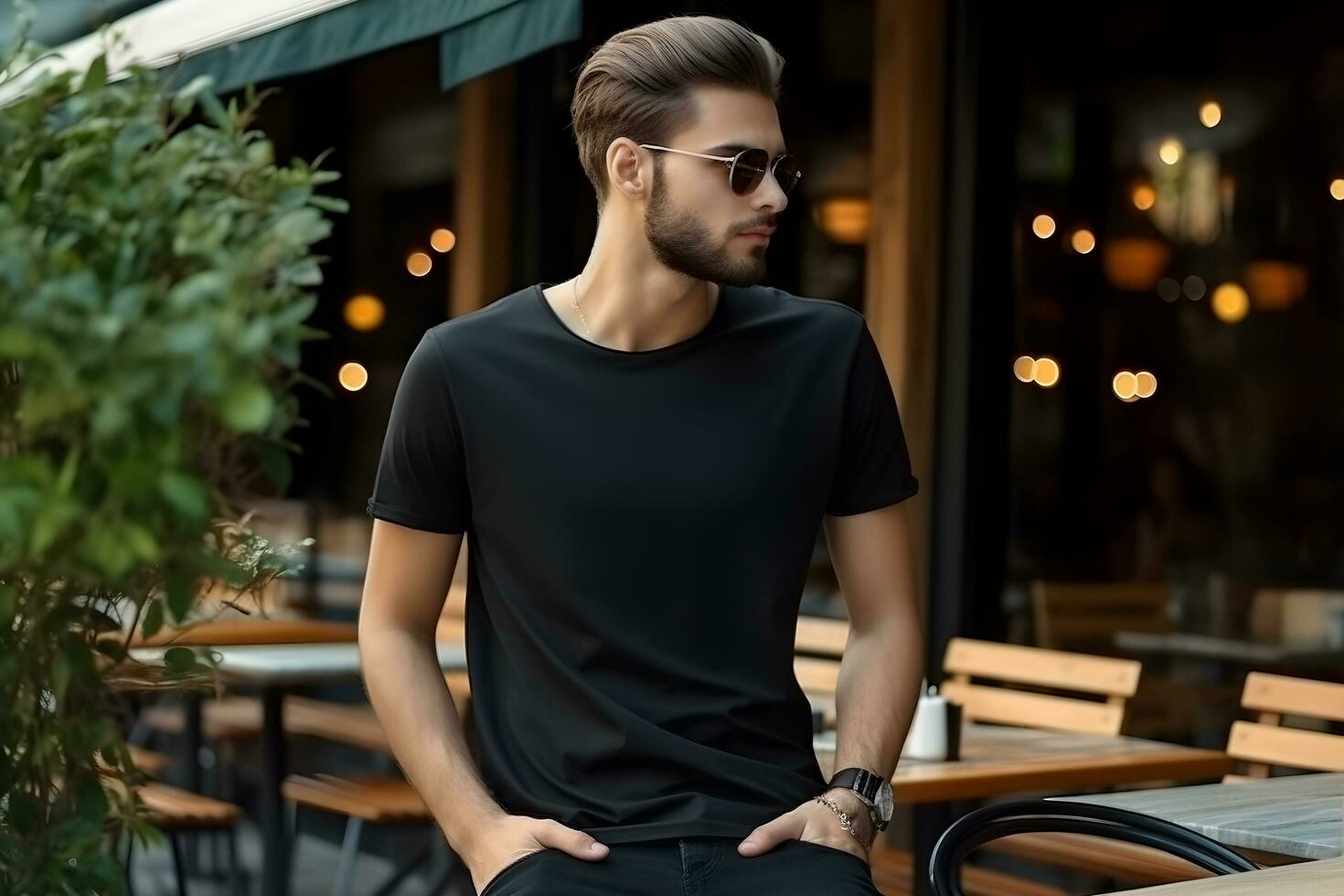 Young man wearing bella canvas black t shirt and jeans, at a cozy restaurant on summers day. Design tshirt template, print presentation mockup. Ai generated. photo