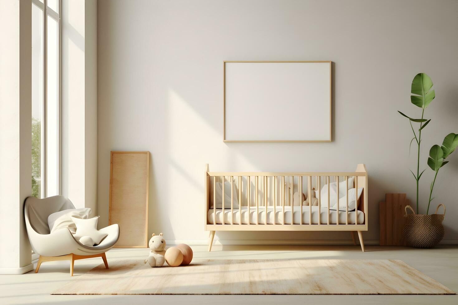 Rectangular frame poster mockup, on light concrete wall in living interior of a baby room, with modern boho furniture and with baby cot, scandinavian style interior decoration. Generated AI. photo