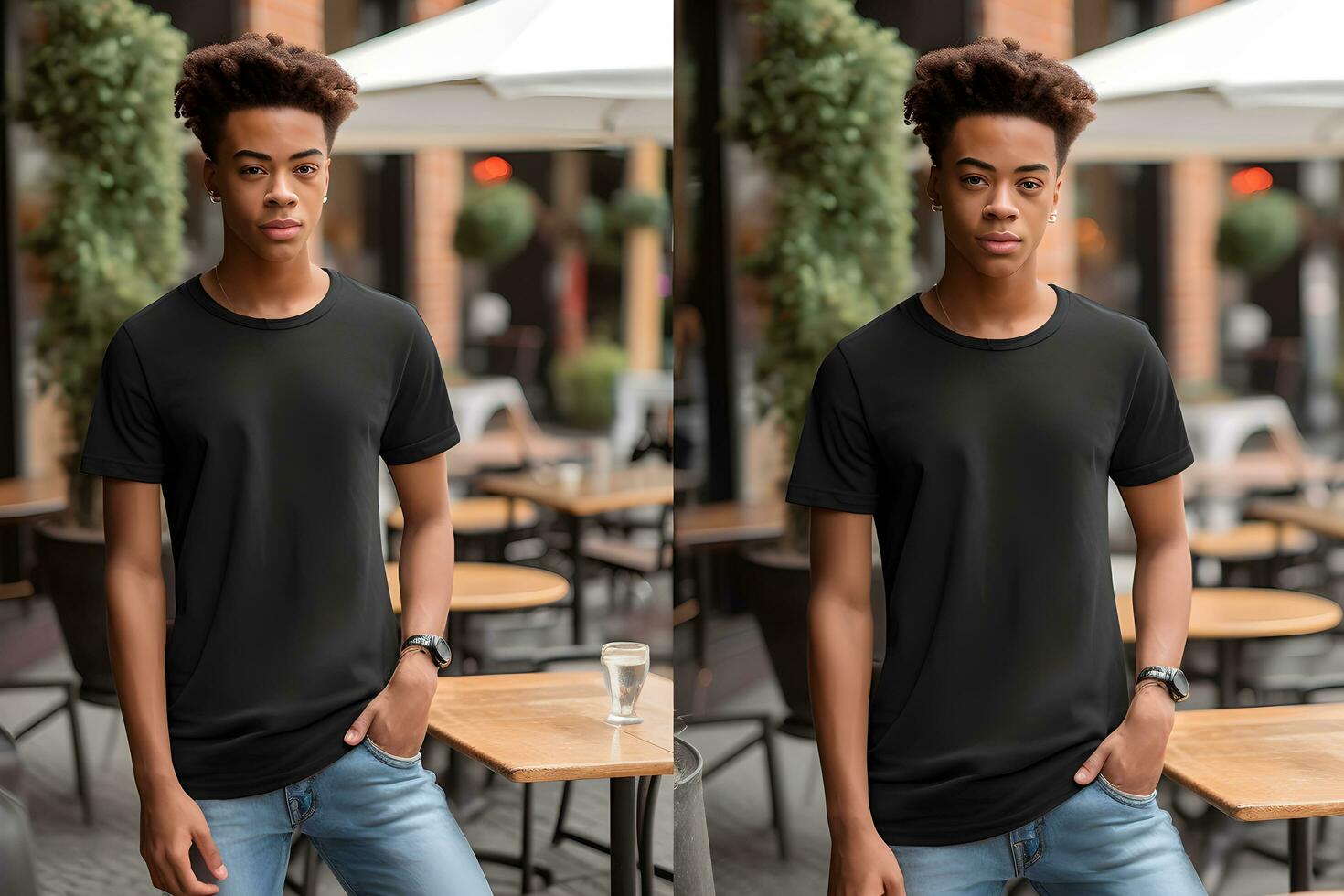 joven hombre vistiendo bella lona negro t camisa y vaqueros, a un acogedor restaurante en veranos día. dos vertical diseño camiseta plantilla, impresión presentación Bosquejo. ai generado. foto