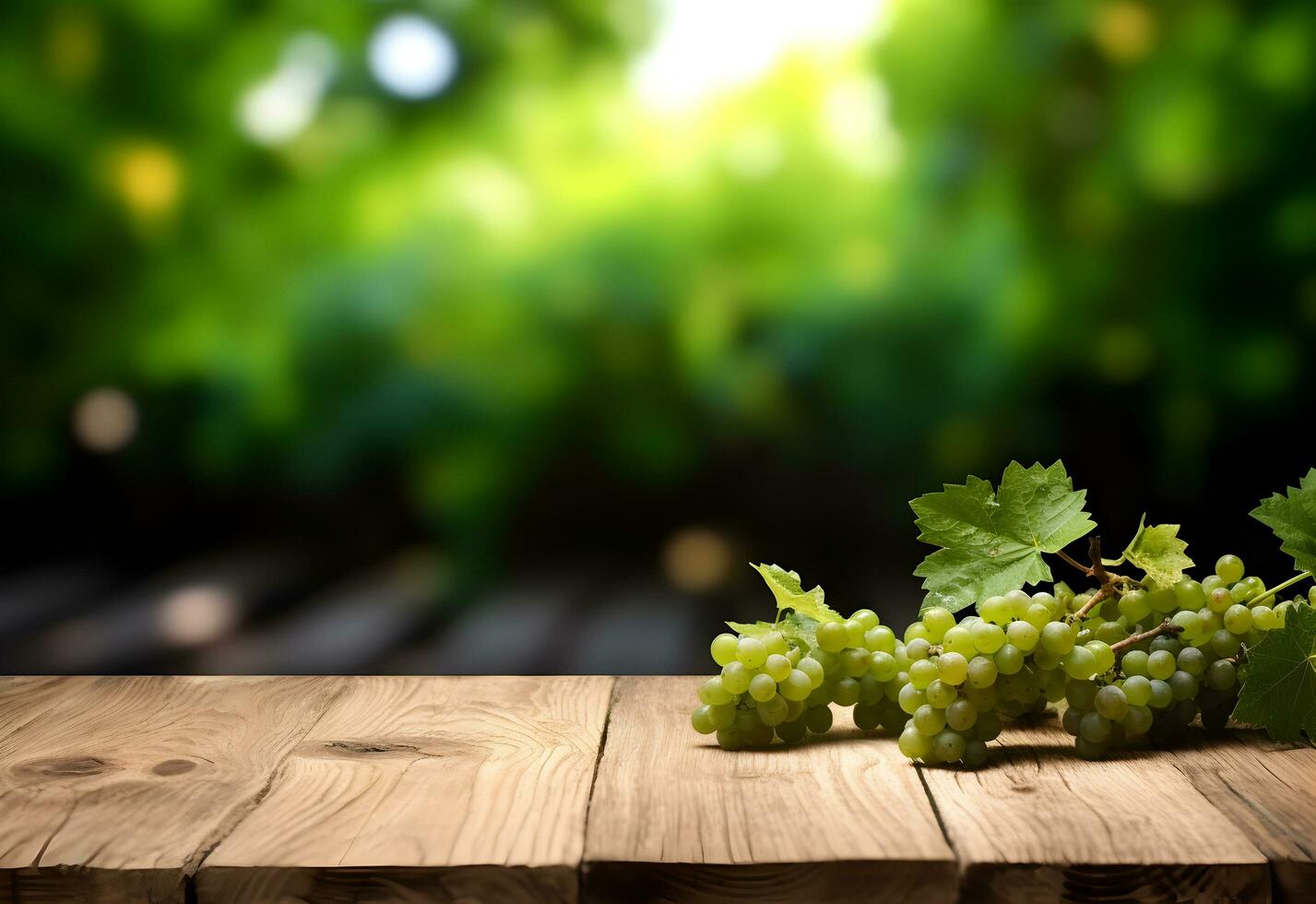 Wooden table with fresh white grapes and free space on nature blurred background, vineyard field. Generated AI. photo