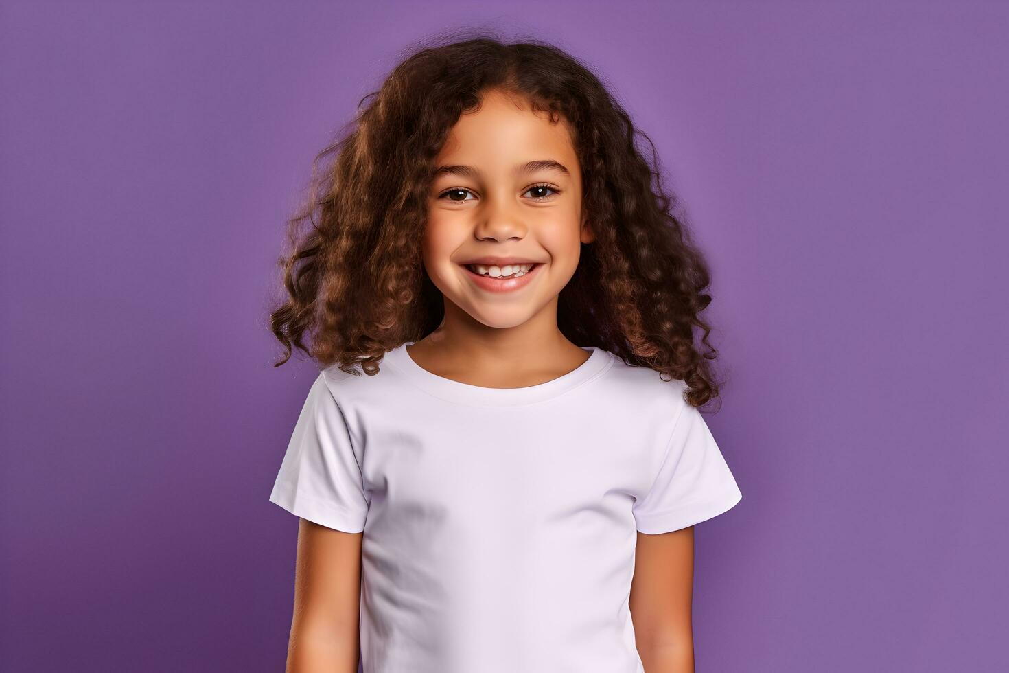 Female child, girl wearing bella canvas white shirt mockup, at purpe background. Design tshirt template, print presentation mock-up. AI generated. photo