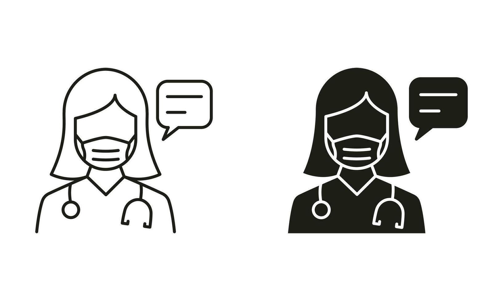 Doctor Woman in Mask with Speech Bubble Consultation Concept. Healthcare Chat Line and Silhouette Black Icon Set. Physician Talk Pictogram. Medic Symbol Collection. Isolated Vector Illustration.