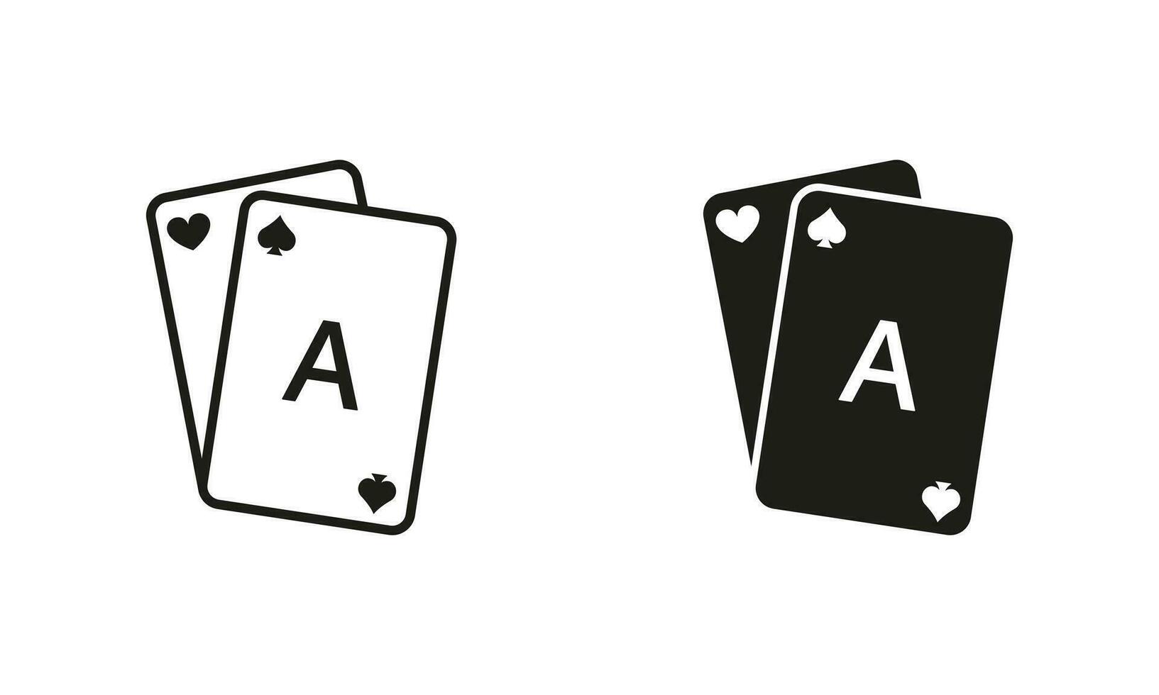 jugar tarjeta símbolo recopilación. jugando puente, negro Jacobo, real póker pictograma. juego tarjeta cubierta línea y silueta negro icono colocar. juego adiccion signo. aislado vector ilustración.