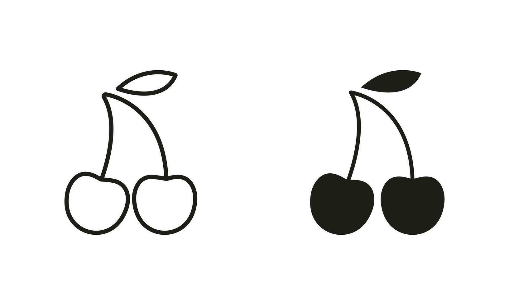 Cherry with Leaf Line and Silhouette Black Icon Set. Sweet Organic Freshness Healthy Nature Food Symbol Collection. Berry in Lucky Gambling Game, Fruit Jackpot in Casino. Isolated Vector Illustration.
