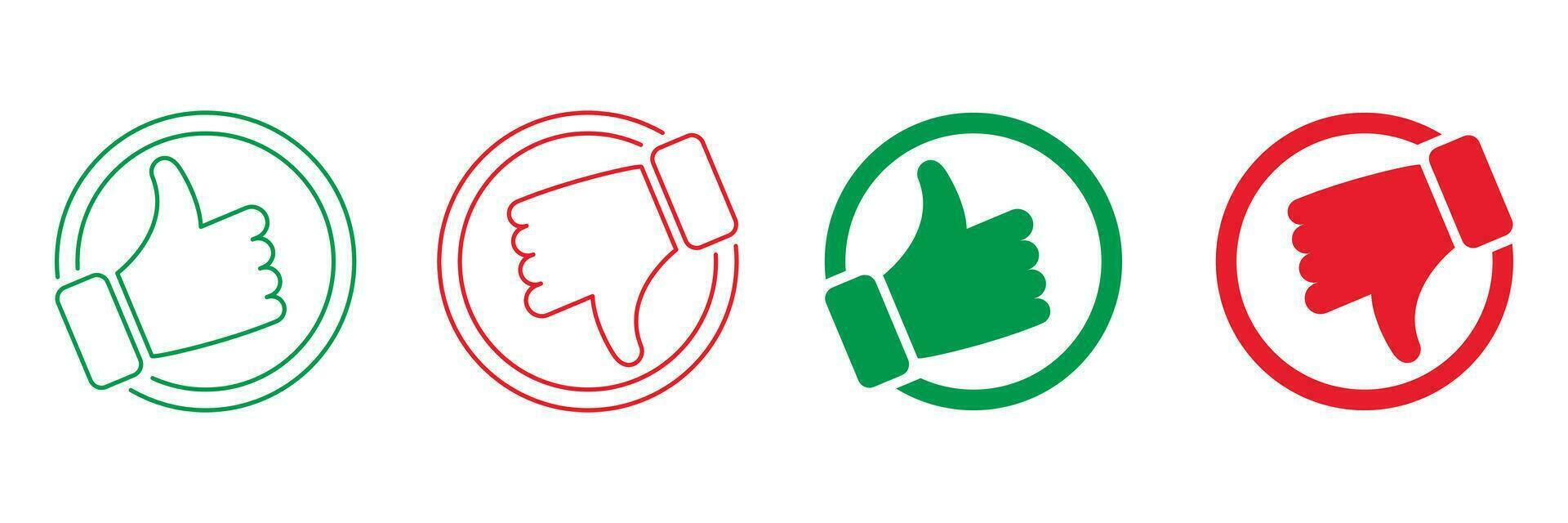 pulgar arriba, pulgar abajo línea y silueta icono colocar. bueno y malo gesto botón rojo y verde signo. me gusta y disgusto pictograma recopilación. social medios de comunicación realimentación simbolos aislado vector ilustración.