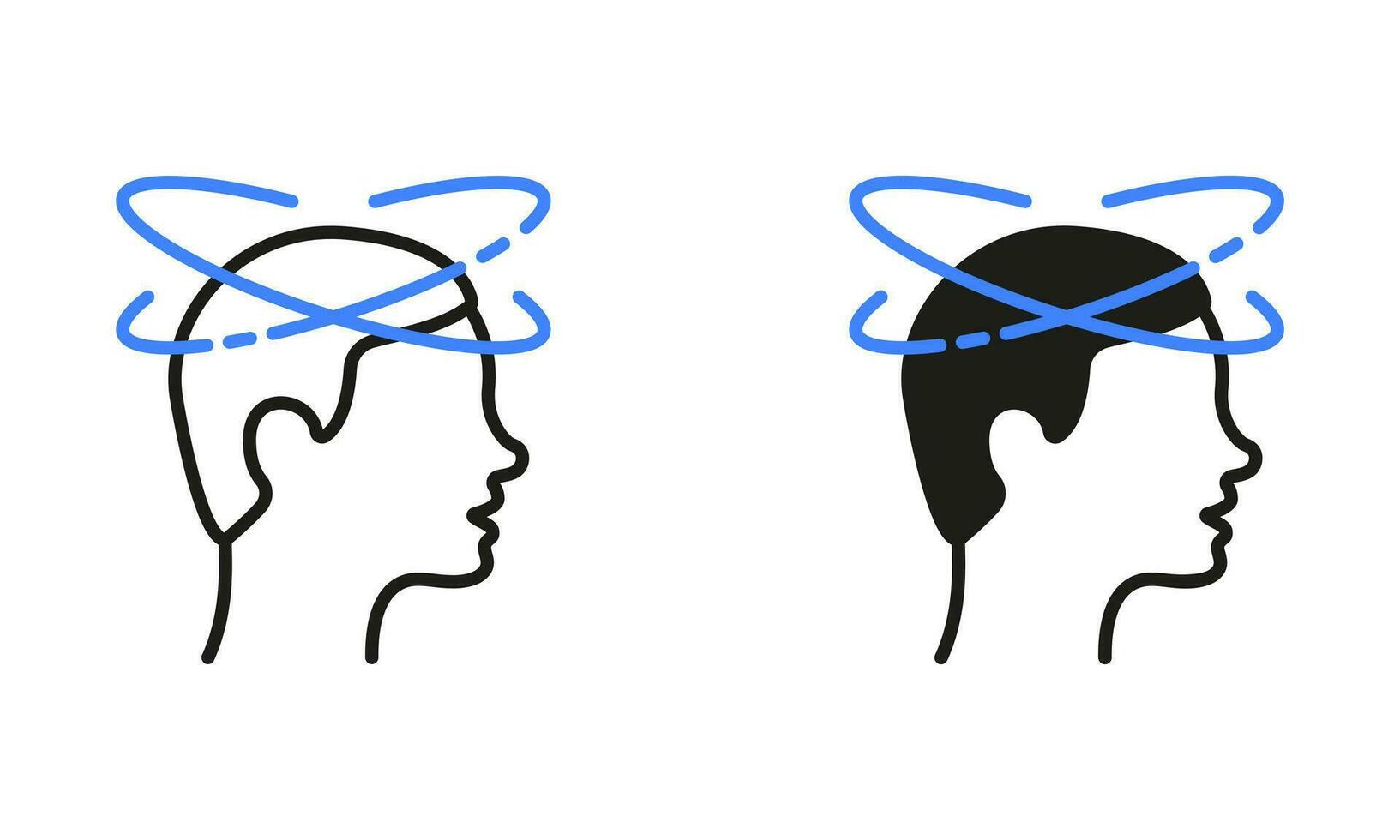Man Feel Headache Pictogram. Tired Man with Nausea Line and Silhouette Black Icon Set. Dizzy, Distracted Head, Dizziness, Migraine Symbol Collection on White Background. Isolated Vector Illustration.