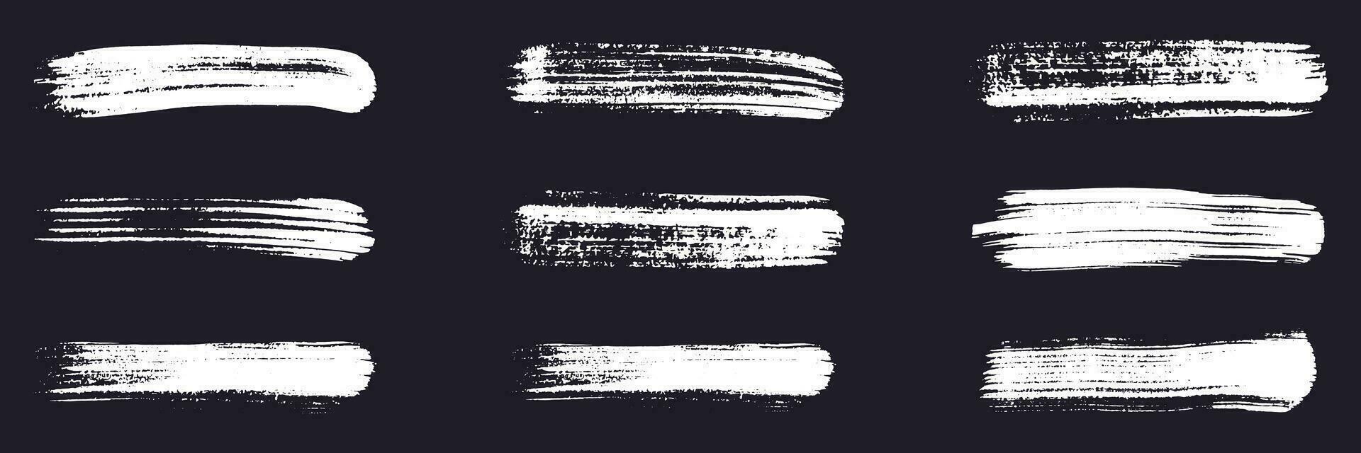 Brush Stroke Paint Set. White Splatter in Rectangle Shape. Long Brushstroke, Grunge Texture. Paintbrush Splash. Abstract Design Element on Black Background. Isolated Vector Illustration.