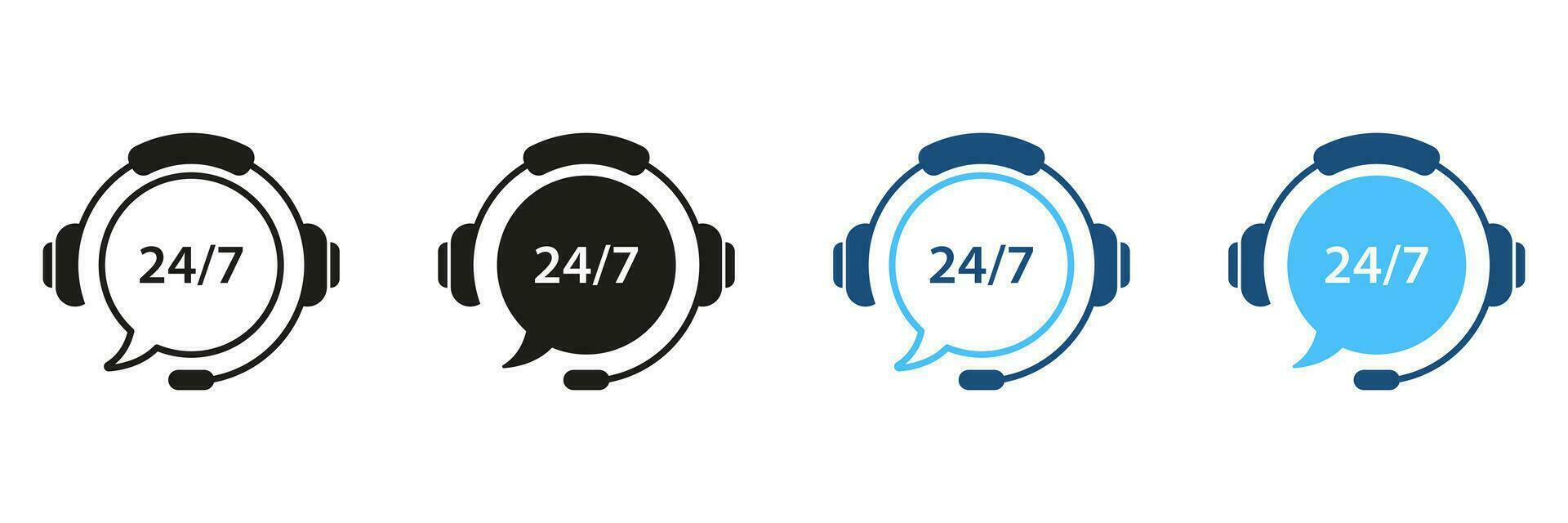 Customer Support Service, 24 7 Hotline Silhouette Icon Set. Help Around The Clock, Call Center Pictogram. Online Operator Symbol Collection. Headset with Speech Bubble. Isolated Vector Illustration.