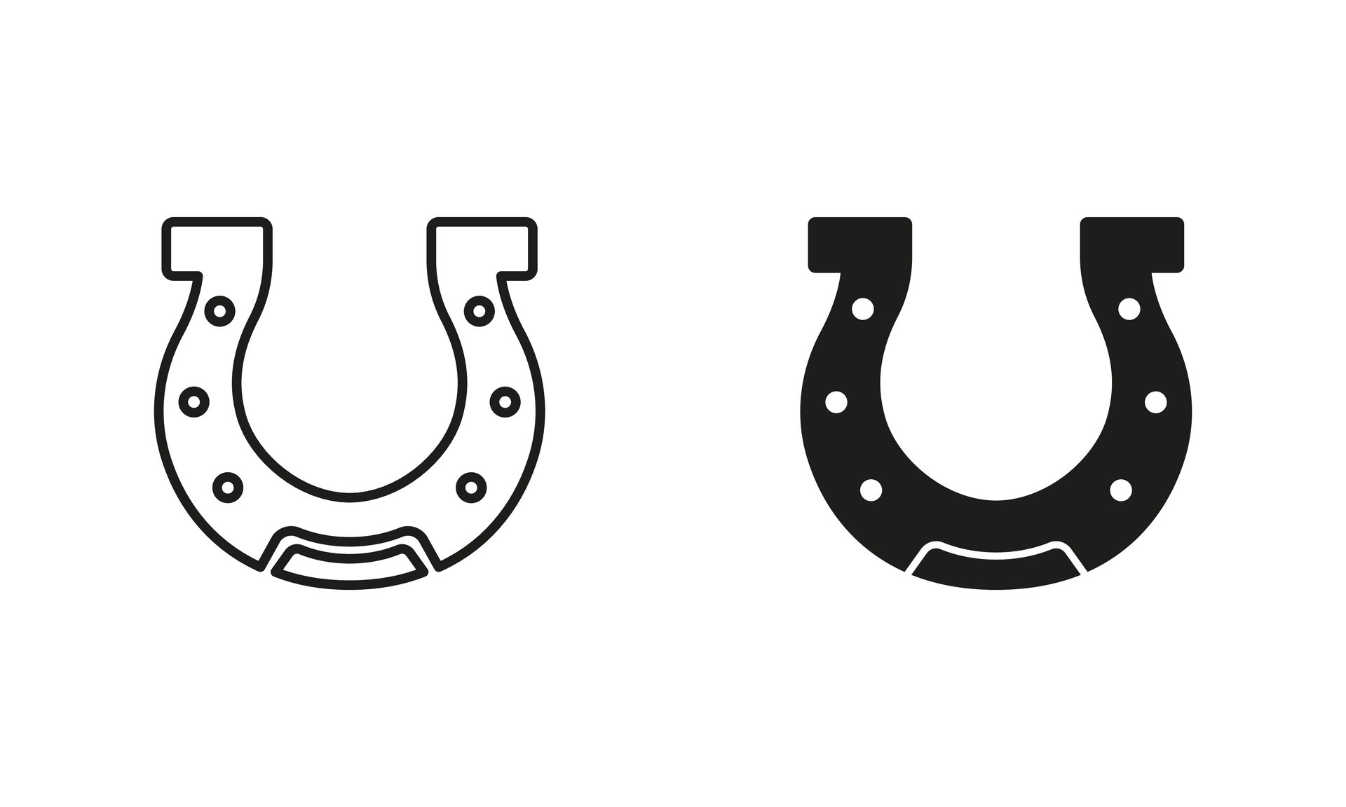 Horse Shoe, Hoof Line and Silhouette Black Icon Set. Lucky Fortune Sign