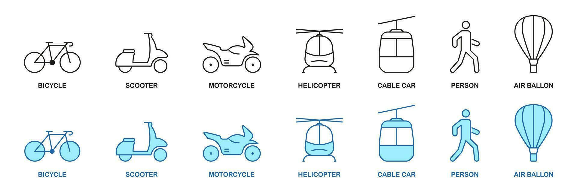 Travel Vehicle Linear Pictogram Collection. Bike, Scooter, Cable Car, Helicopter, Motorcycle, Moped, Hot Air Balloon Line Icon Set. Traffic Sign. Transportation Symbol. Isolated Vector Illustration.