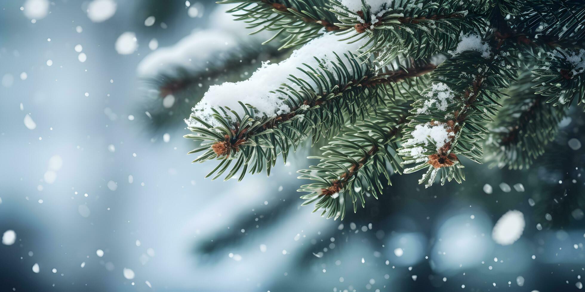 Close up background of fir or pine tree branches with snow. Christmas or winter banner with copy space. AI generated photo