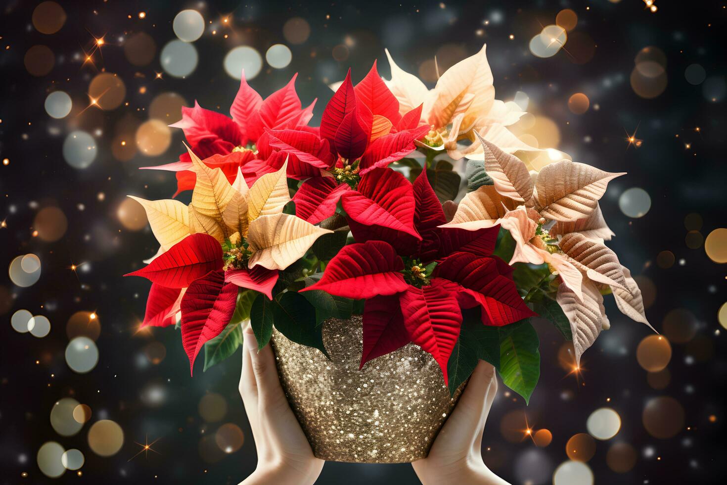 Navidad flor de pascua flores decoración en el manos de joven mujer en espumoso antecedentes. festivo bandera composición. ai generado foto