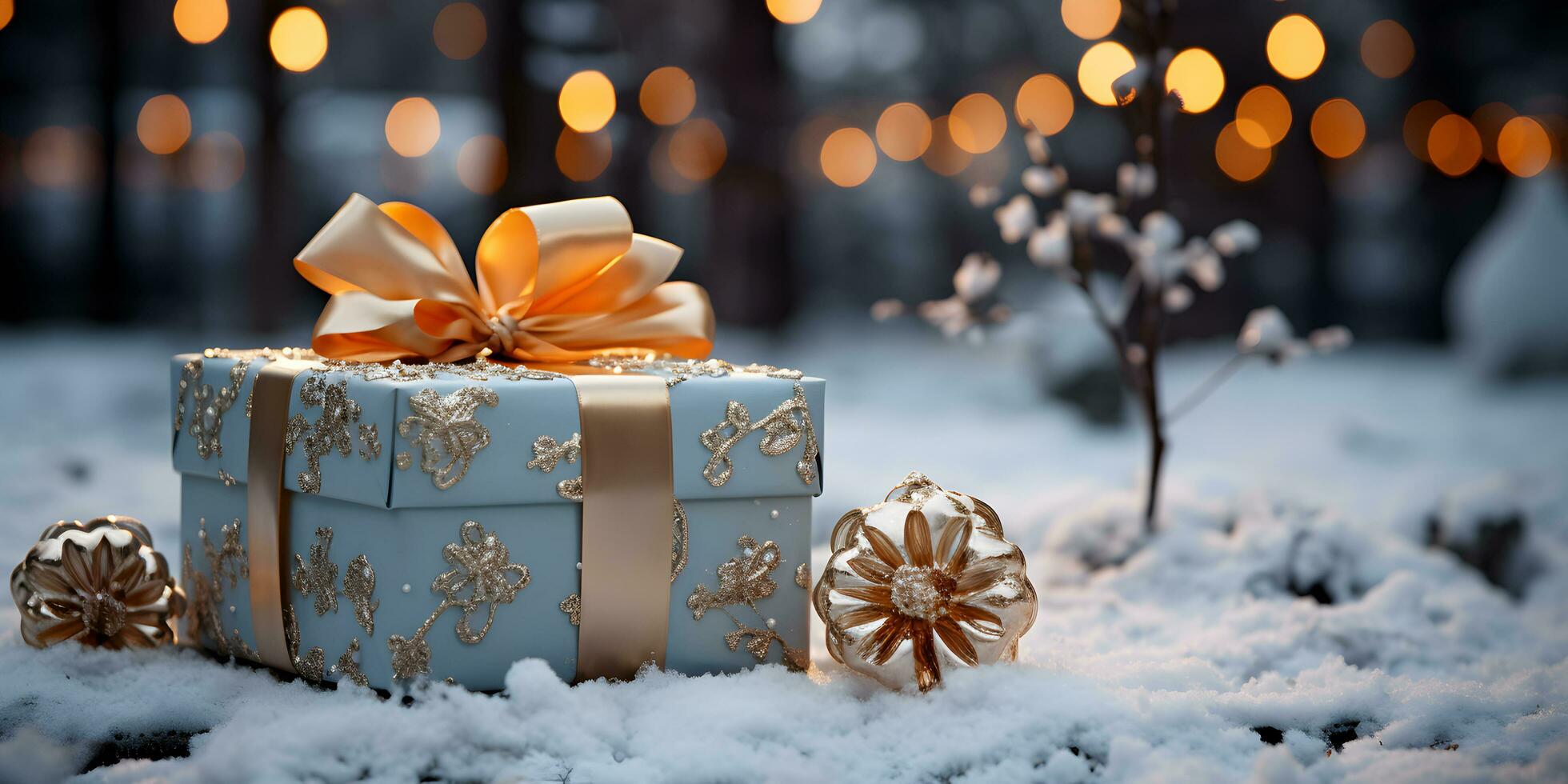 Gold gift box on the snow with christmas ornaments decoration on blurred glowing lights background. Festive banner styled composition. AI generated photo