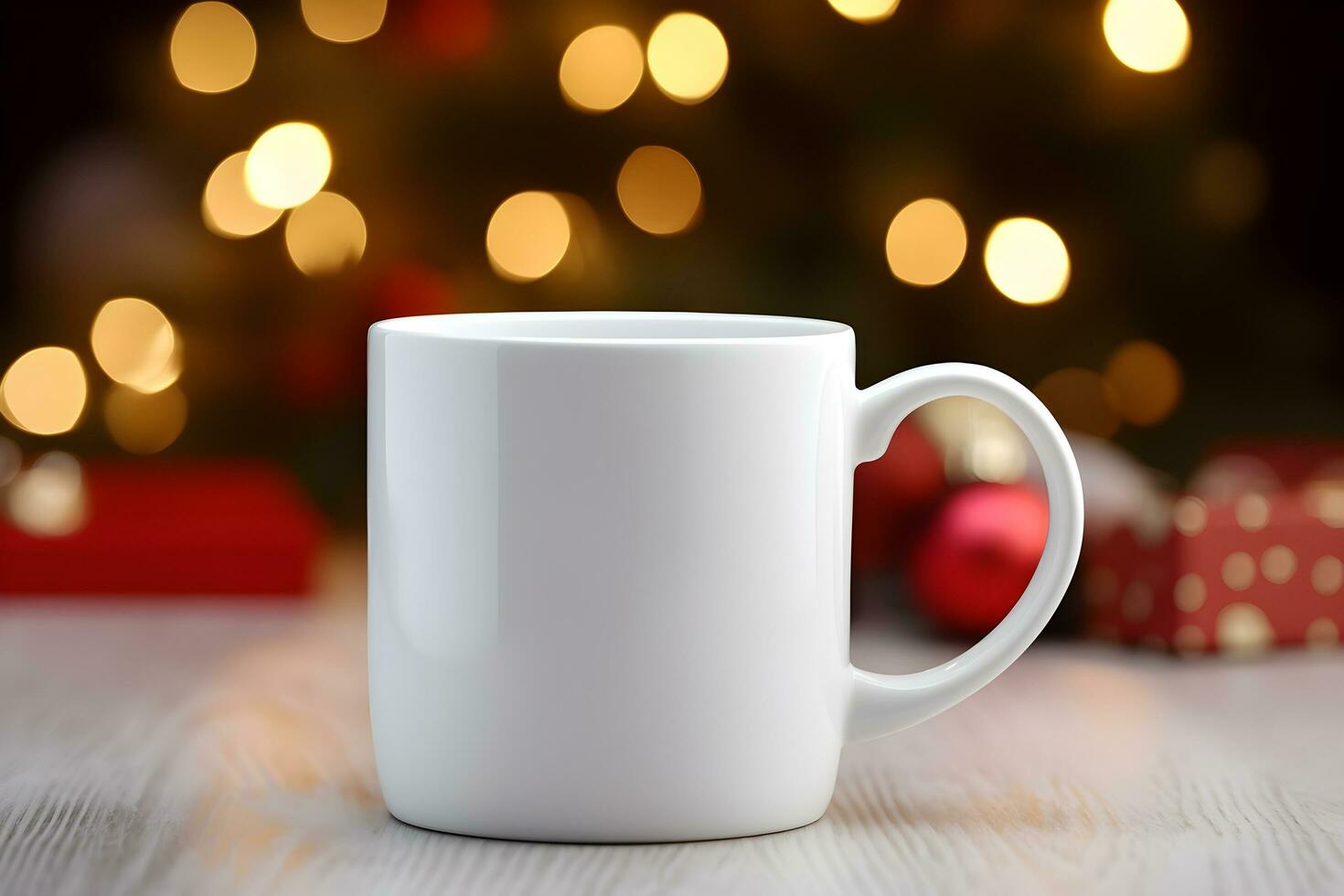 Blank white mug mockup on wooden table with christmas tree lights bokeh background. Holiday template composition with decoration. Copy space. AI generated photo