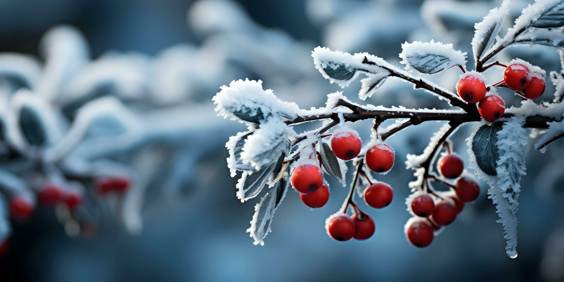 Hoarfrost covers frozen rowanberries branches with snow. Close up background of christmas or winter banner with copy space. AI generated photo