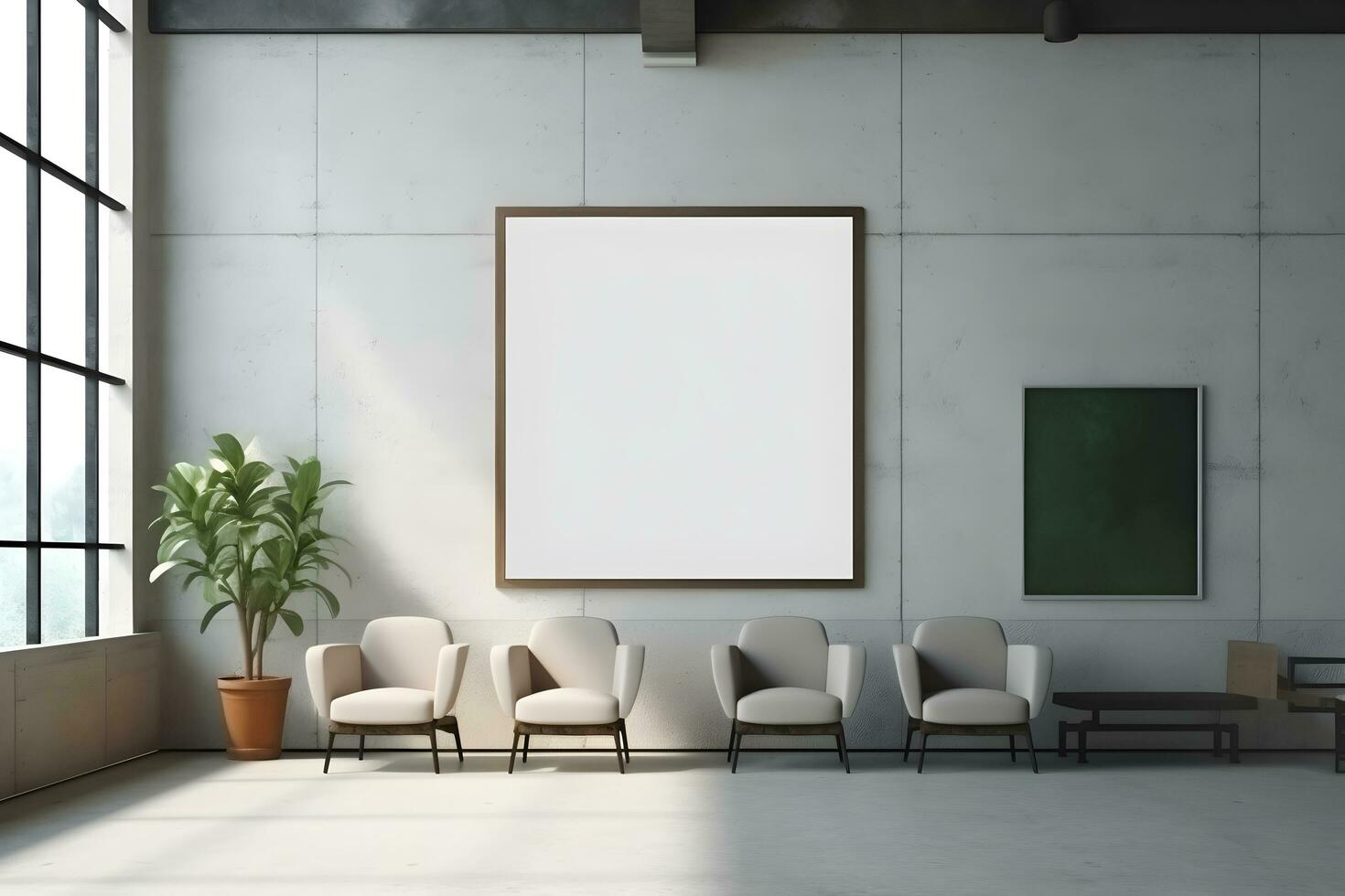 Square frame poster mockup, on light concrete wall in the waiting room of the hospital with modern scandinavian style furniture and big window, loft interior decoration. Generated AI. photo