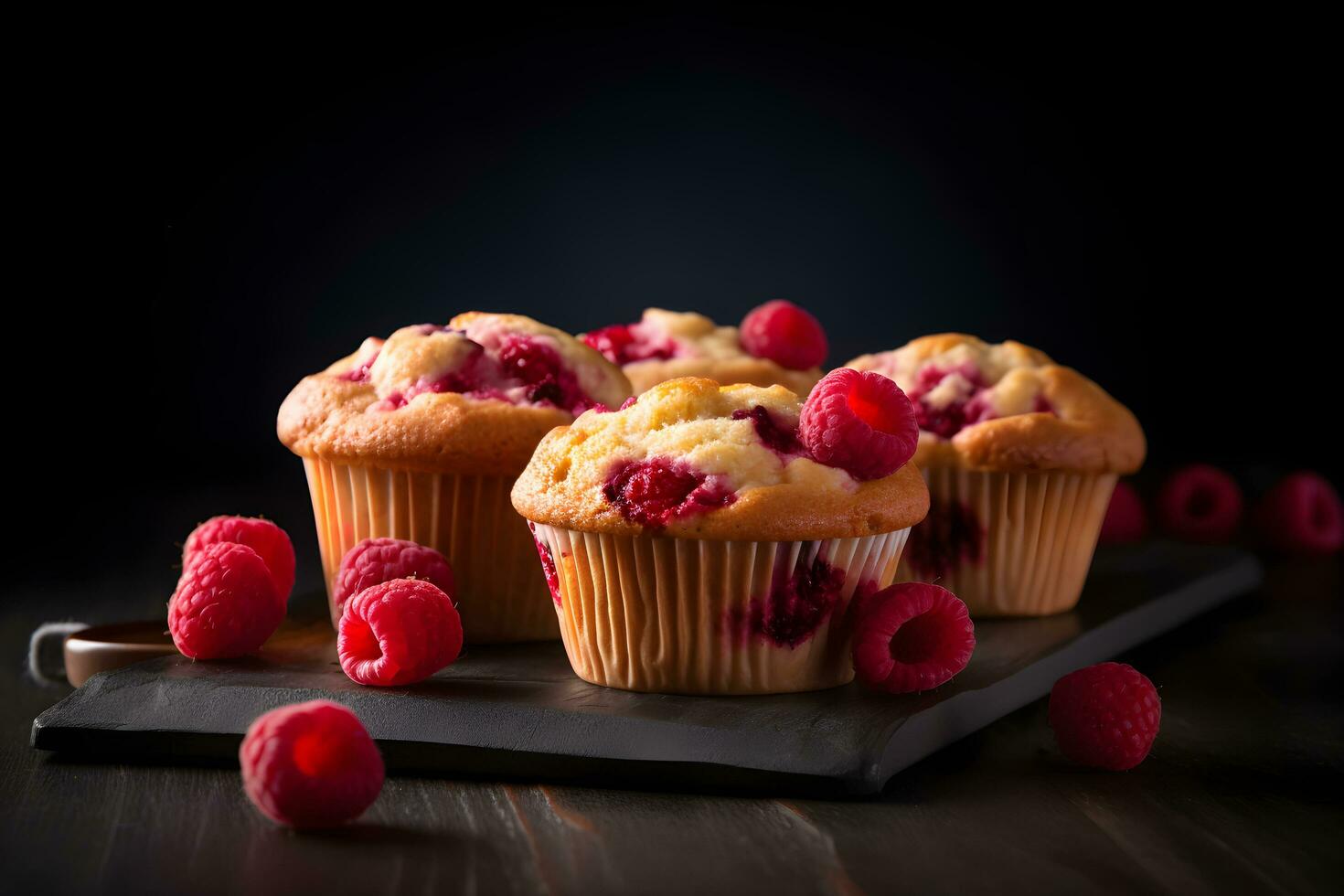 Raspberry muffins with fresh raspberries on a table, close up, dark background. A delicious dessert or breakfast. AI generated. photo