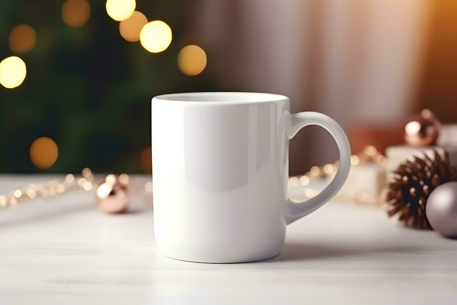 Blank white mug mockup on wooden table with christmas tree lights bokeh background. Holiday template composition with decoration. Copy space. AI generated photo