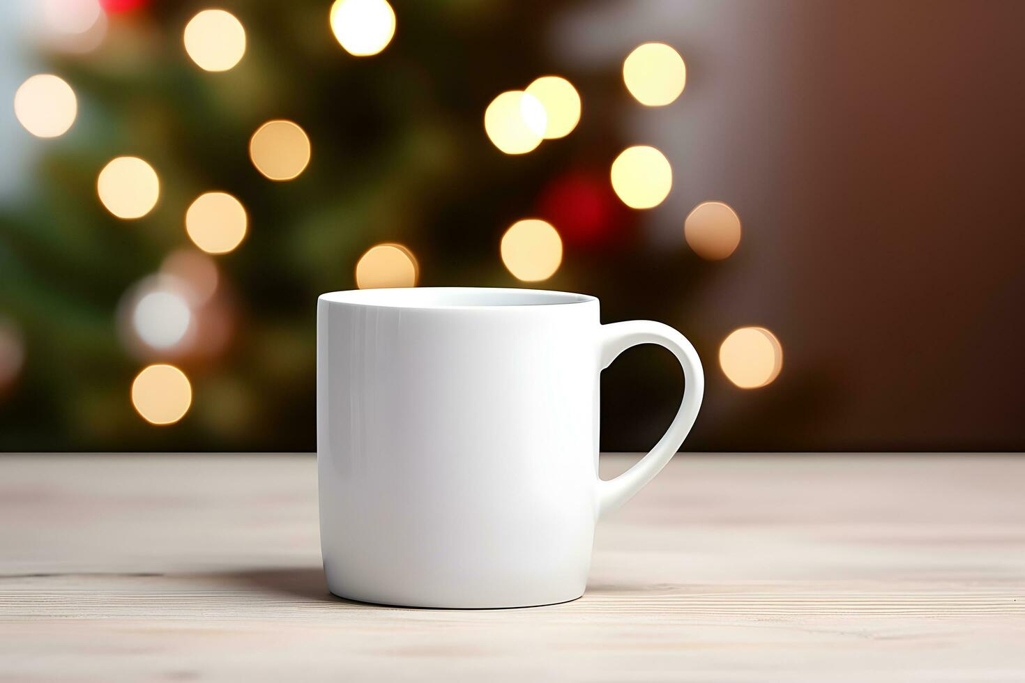 Blank white mug mockup on wooden table with christmas tree lights bokeh background. Holiday template composition. Copy space. AI generated photo