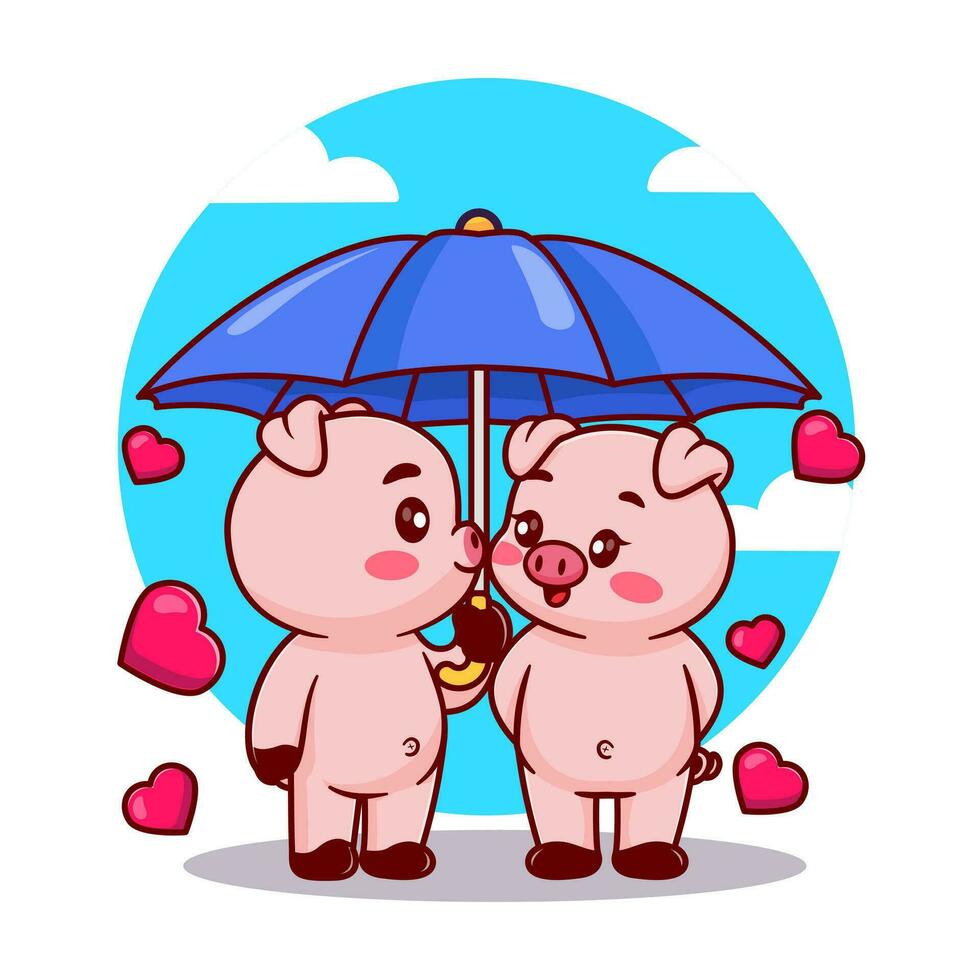 linda cerdo Pareja en pie debajo paraguas dibujos animados vector icono ilustración animal naturaleza icono