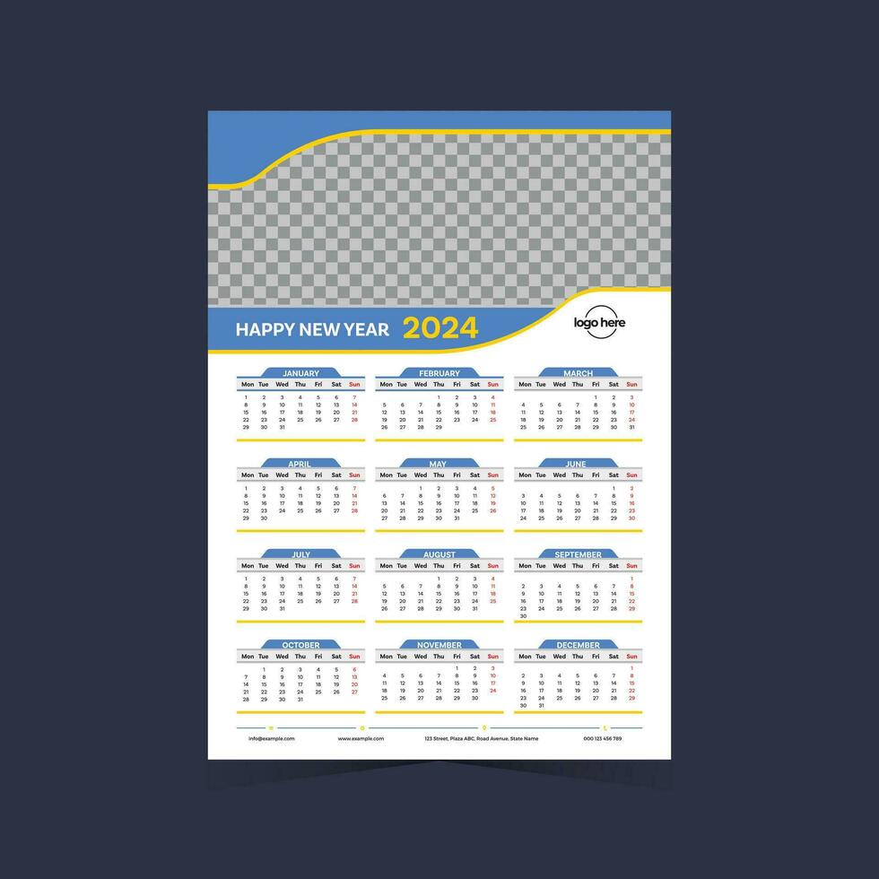 wall calendar one page 2024 vector