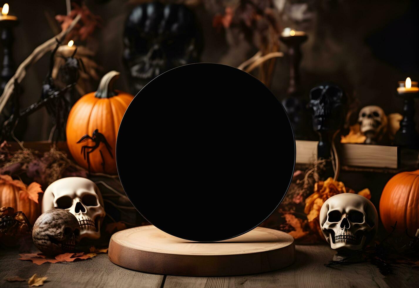 Halloween round sign mockup with pumpkins, skulls and fallen leaves on dark background. Black board with autumn holiday decoration with copy space. Generated AI. photo