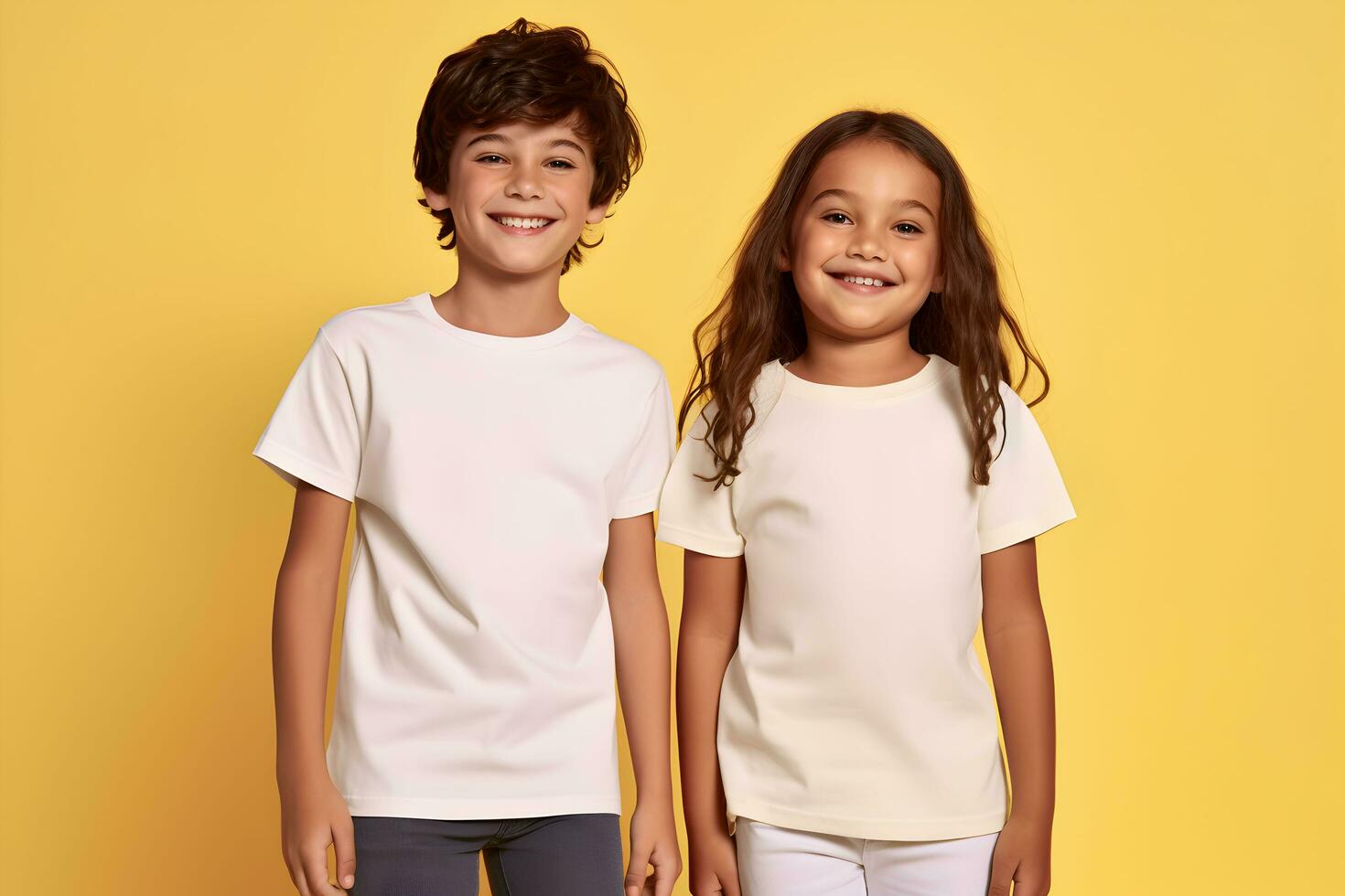 Male and female child, boy and girl, siblings wearing bella canvas white shirt mockup, at yellow background. Design tshirt template, print presentation mock-up. AI generated. photo