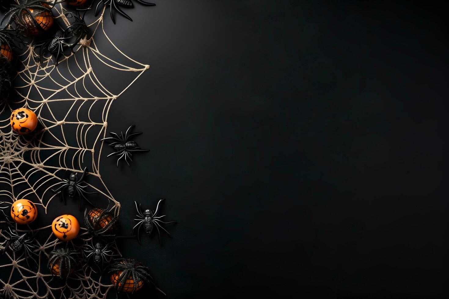 Happy halloween flat lay mockup with spiders, decoration and spider web on black background. Autumn holiday concept composition. Top view with copy space. Generated ai. photo