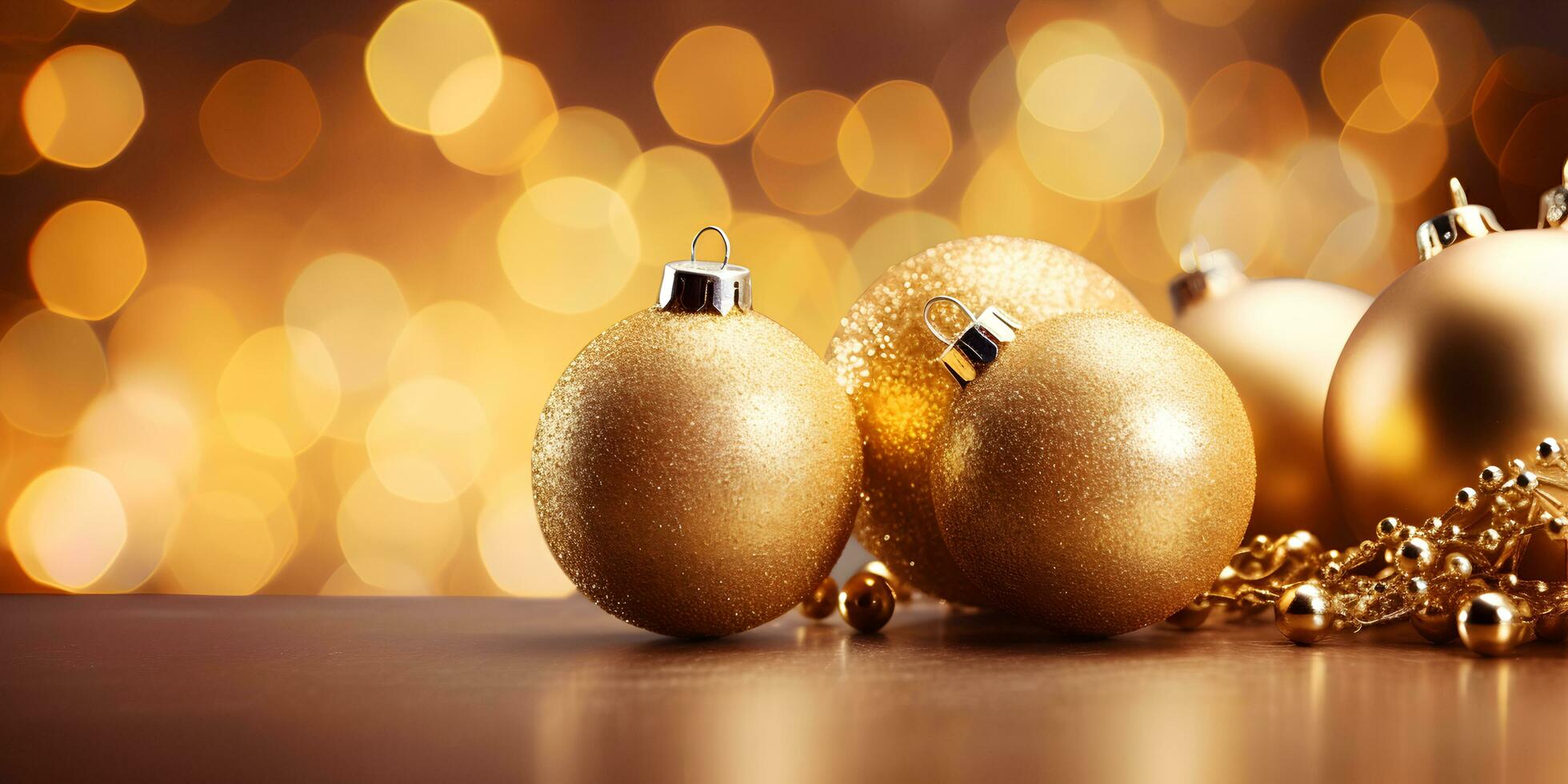 Christmas sparkling gold balls with blurred lights background. Festive banner mockup with creative baubles decoration and copy space. AI generated photo