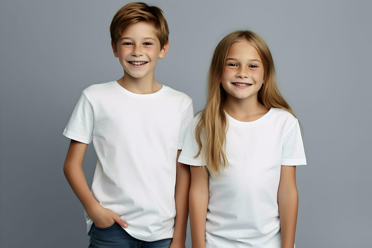 Male and female child, boy and girl, siblings wearing bella canvas white shirt mockup, at dark gray background. Design tshirt template, print presentation mock-up. AI generated. photo