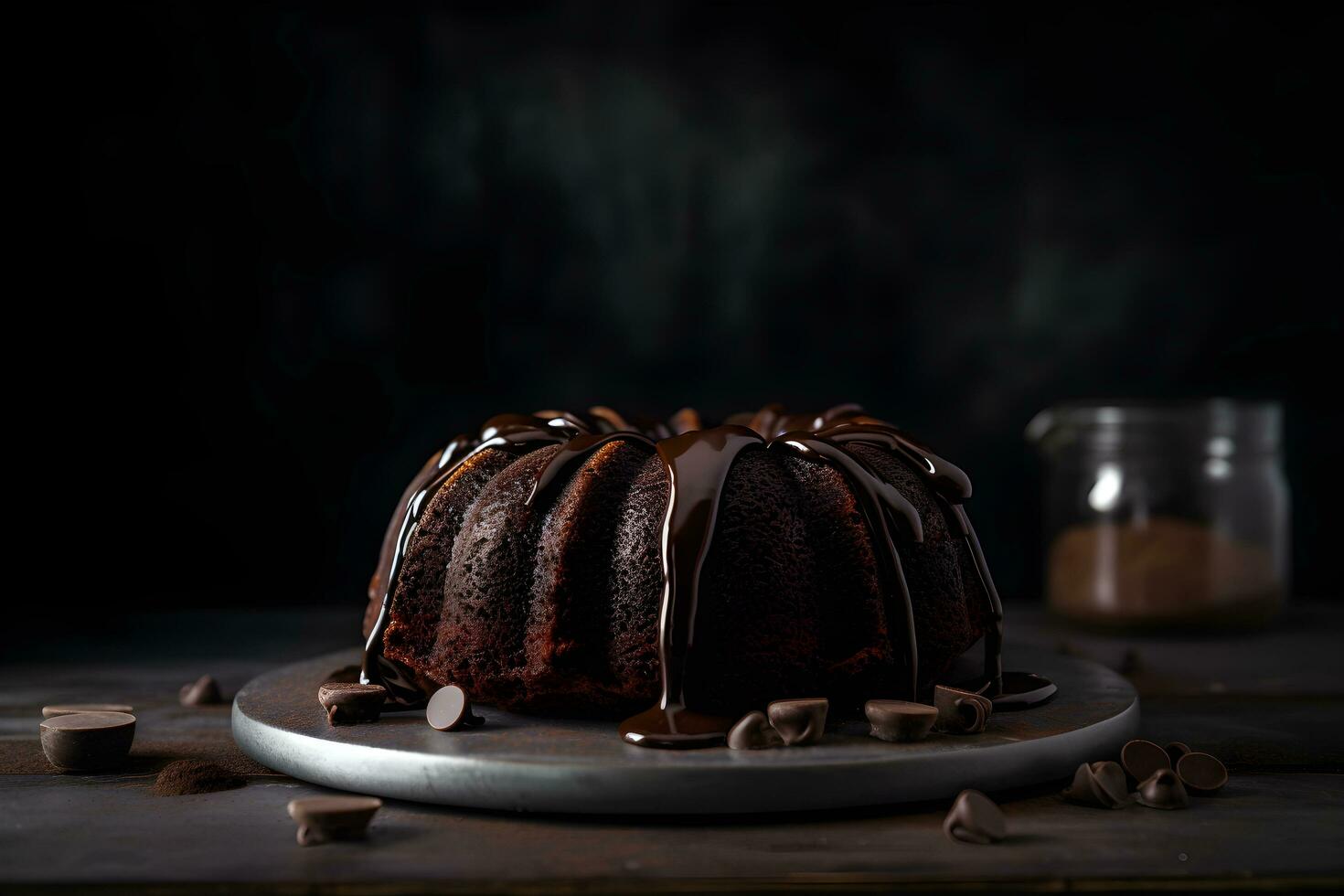 delicioso chocolate bundt pastel coronado postre con ganache vidriar en oscuro antecedentes con Copiar espacio. ai generado. foto