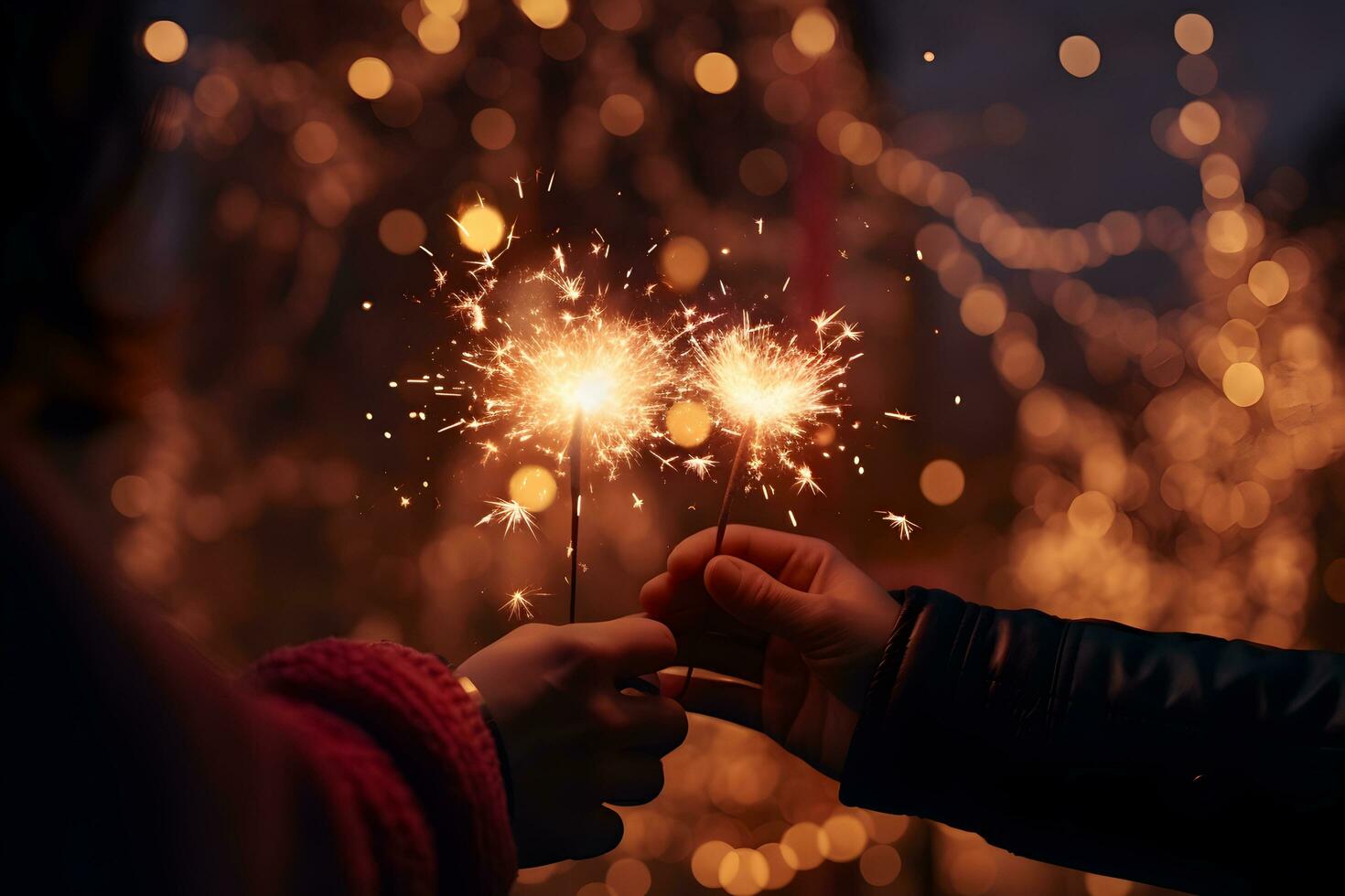 manos de joven Pareja participación llameante fuegos artificiales en festivo oro brillante bokeh antecedentes. celebracion antecedentes con bengalas ai generado foto