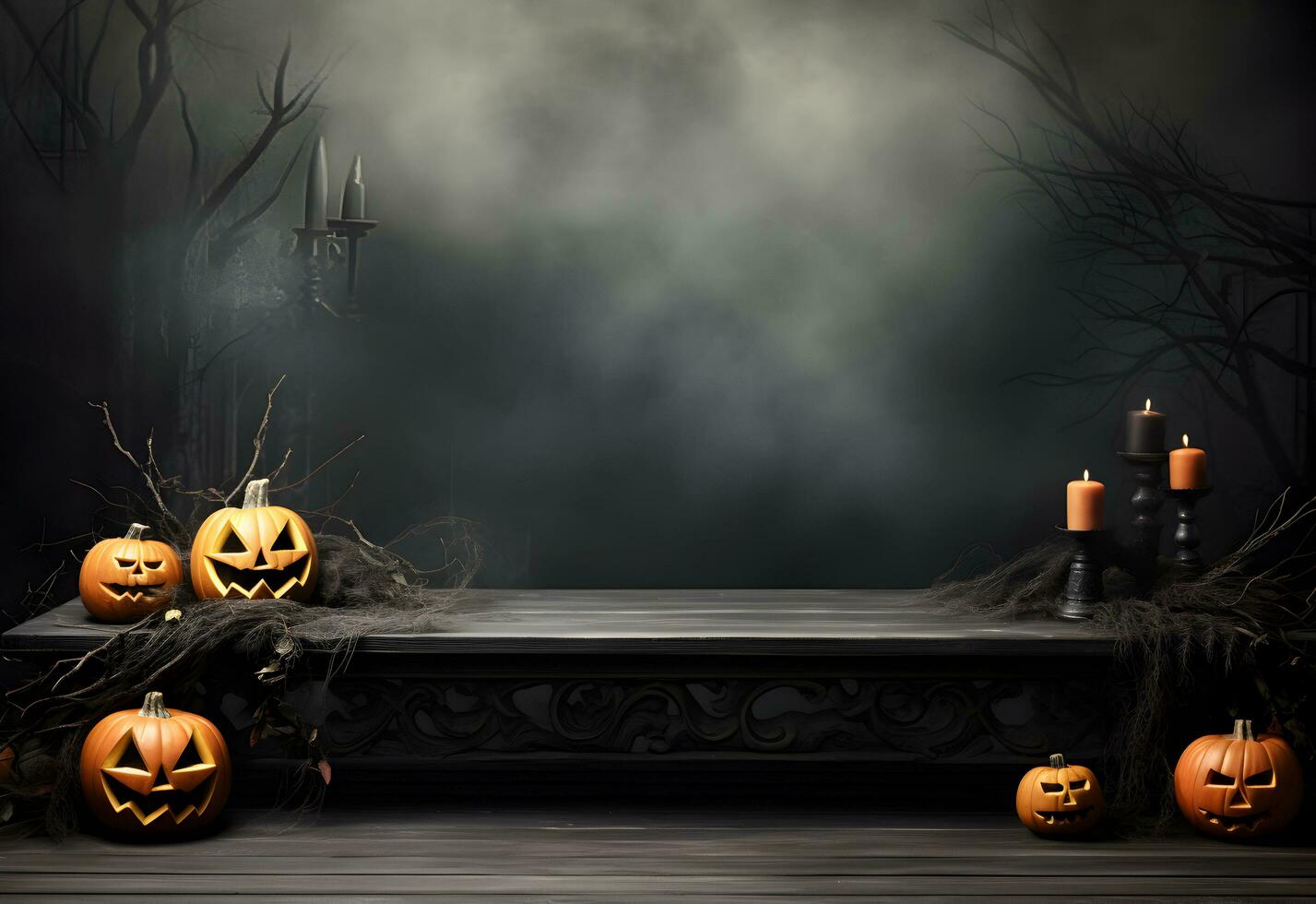 Empty black halloween table mockup with pumpkins, candles, spooky decoration and dark mystical forest background. Generated AI. photo