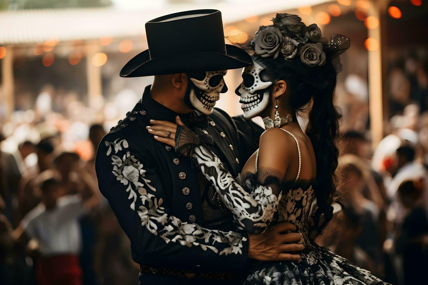 hermosa de cerca retrato de joven Pareja en tradicional Calavera catrina atuendo y maquillaje para el día de el muerto, bailando a el nacional mexicano festival. ai generado foto