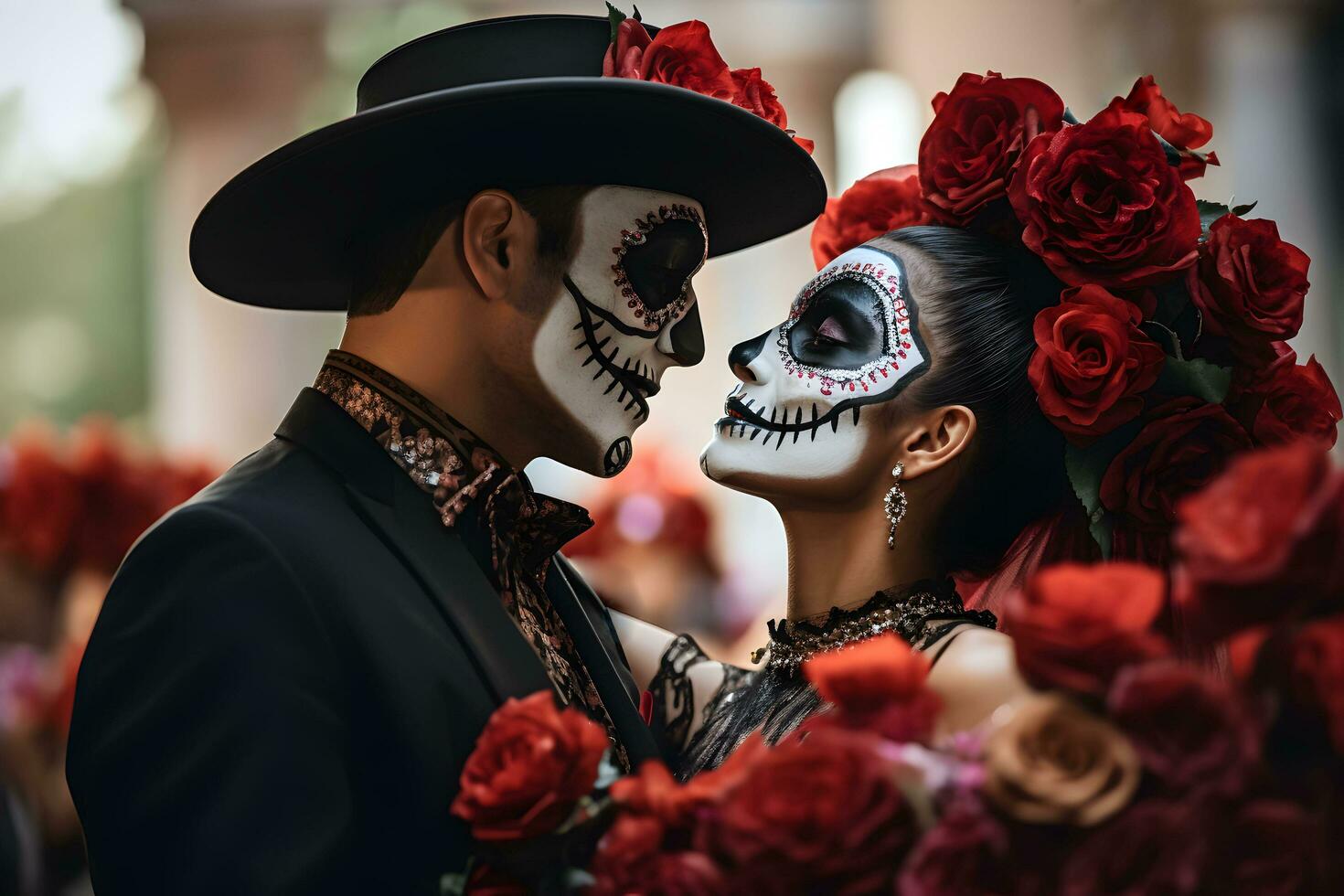 hermosa de cerca retrato de joven Pareja en tradicional Calavera catrina atuendo y maquillaje para el día de el muerto, bailando a el nacional mexicano festival. ai generado foto