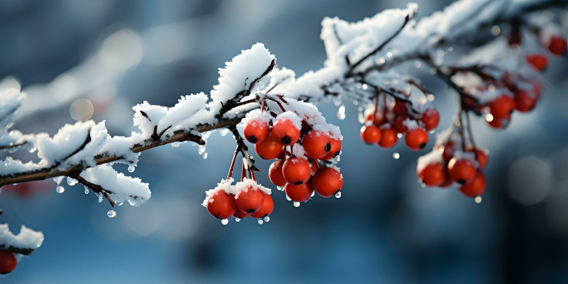 Hoarfrost covers frozen rowanberries branches with snow. Close up background of christmas or winter banner. AI generated photo