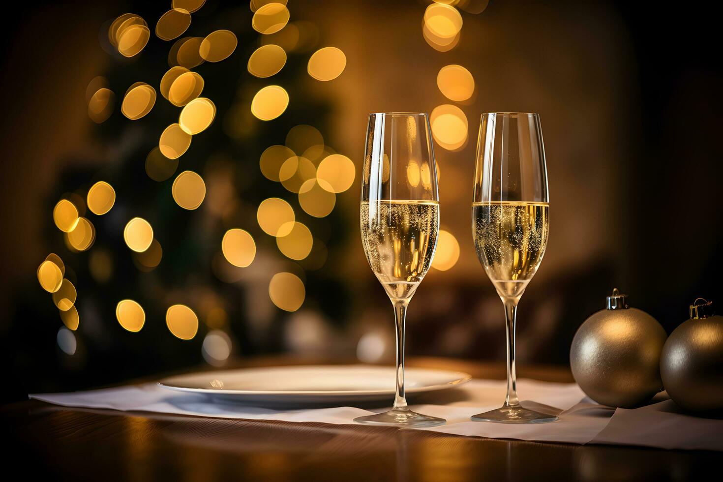 Champagne glasses on festive table with gold glowing bokeh background. Celebration background with sparkling wine. AI generated photo