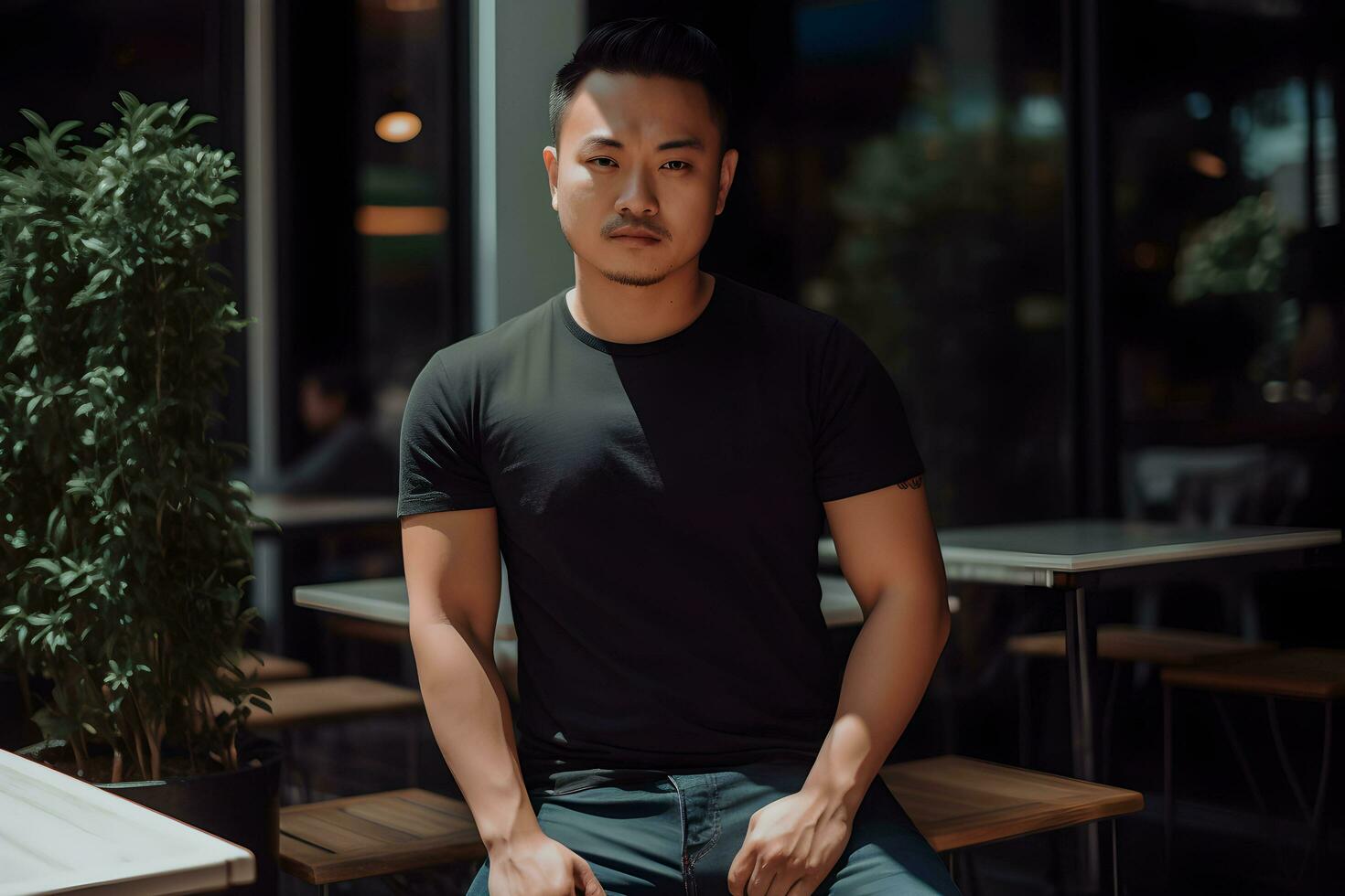 joven asiático hombre vistiendo bella lona negro t camisa y vaqueros, a un acogedor restaurante en veranos día. diseño camiseta plantilla, impresión presentación Bosquejo. ai generado. foto