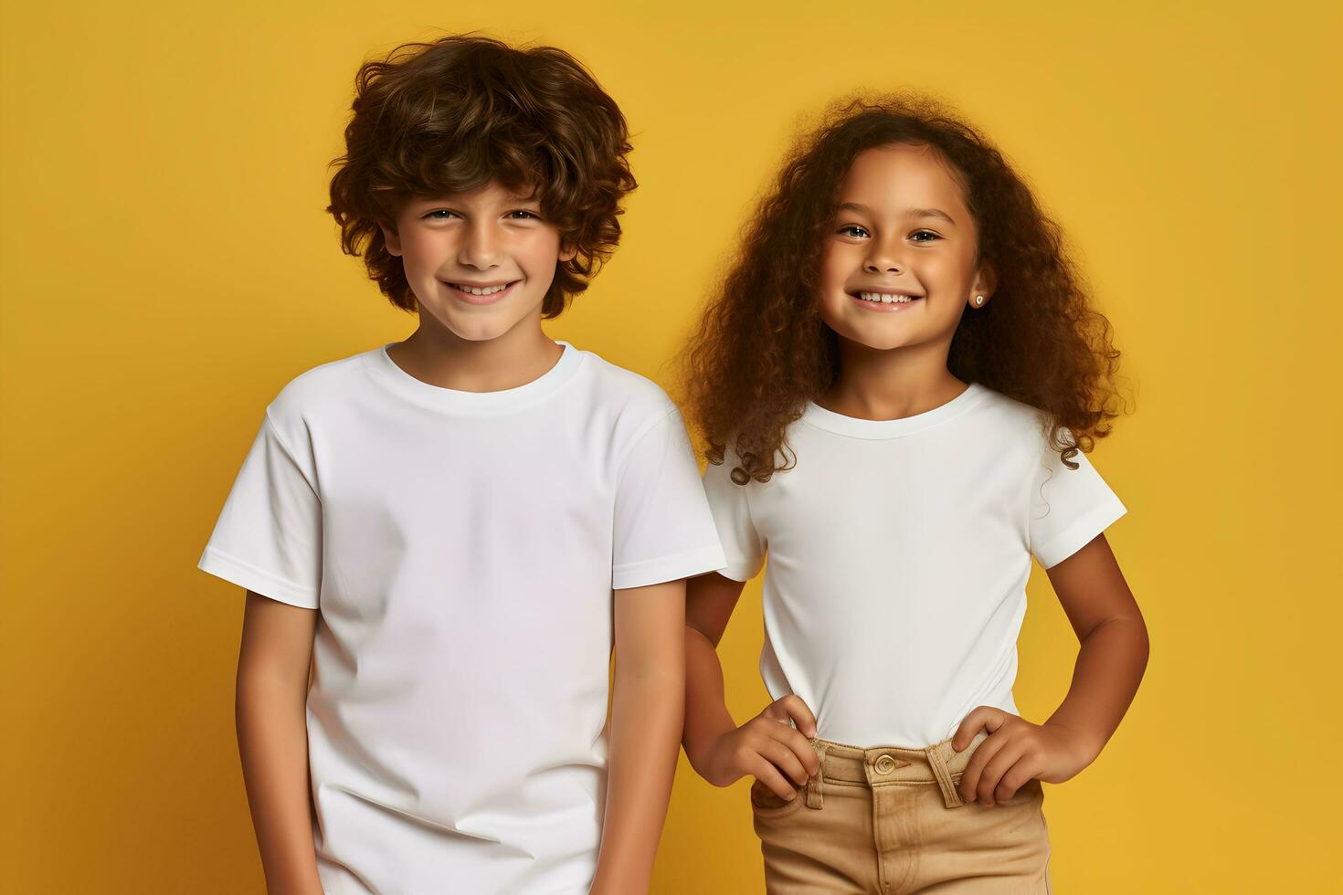 Male and female child, boy and girl, siblings wearing bella canvas white shirt mockup, at yellow background. Design tshirt template, print presentation mock-up. AI generated. photo