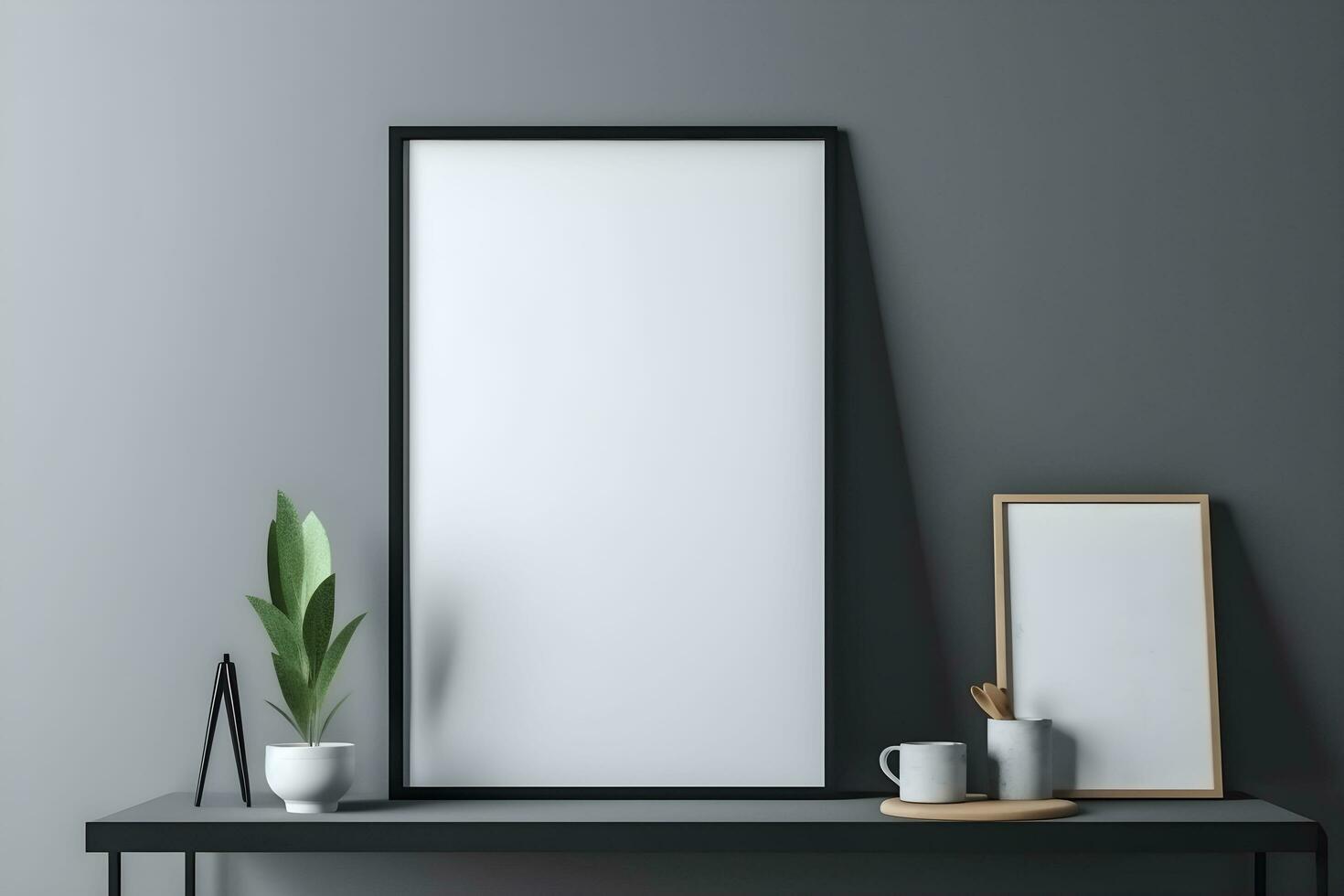 Rectangular vertical frame poster mockup, scandinavian style interior with home decoration on empty neutral dark wall background. 3D render illustration. A4, A3 format. AI generated. photo